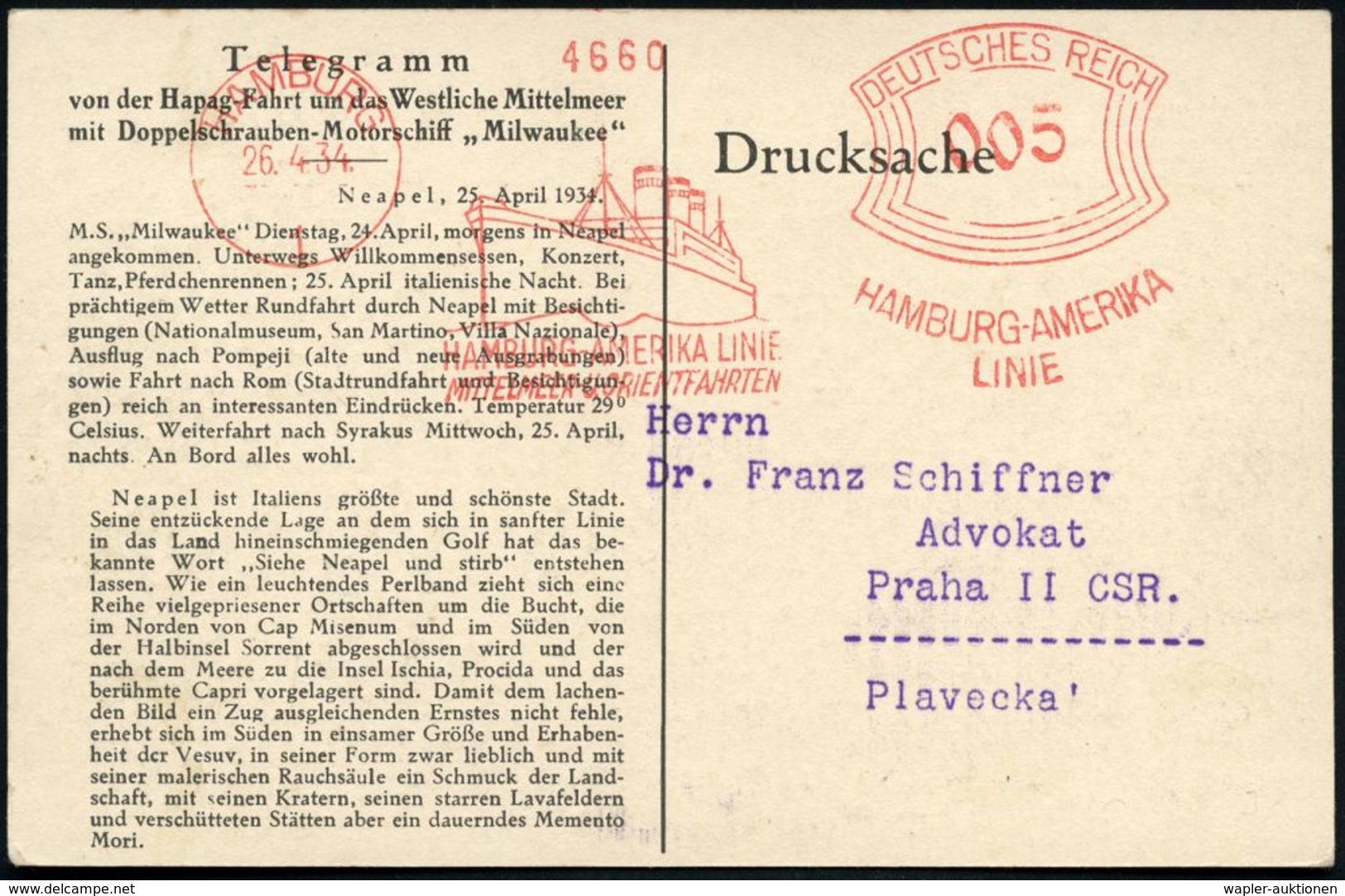 HAMBURG/ 1/ HAMBURG-AMERIKA LINIE/ MITTELMEER- U.ORIENTFAHRTEN 1934 (26.4.) AFS 005 Pf. Auf Telegramm-Ak.: Hapag-Fahrt W - Maritime