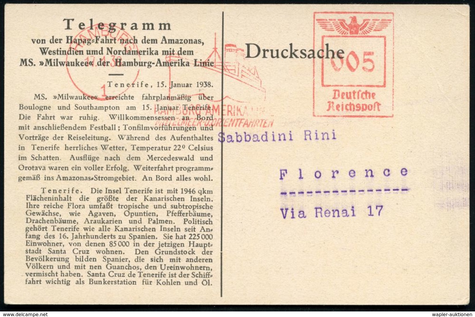 HAMBURG/ 1/ HAMBURG-AMERIKA LINIE/ MITTELMEER-U.ORIENTFAHRTEN 1938 (17.1.) AFS 005 Pf. Auf Telegramm-Ak.: Hapag-Fahrt Na - Marittimi