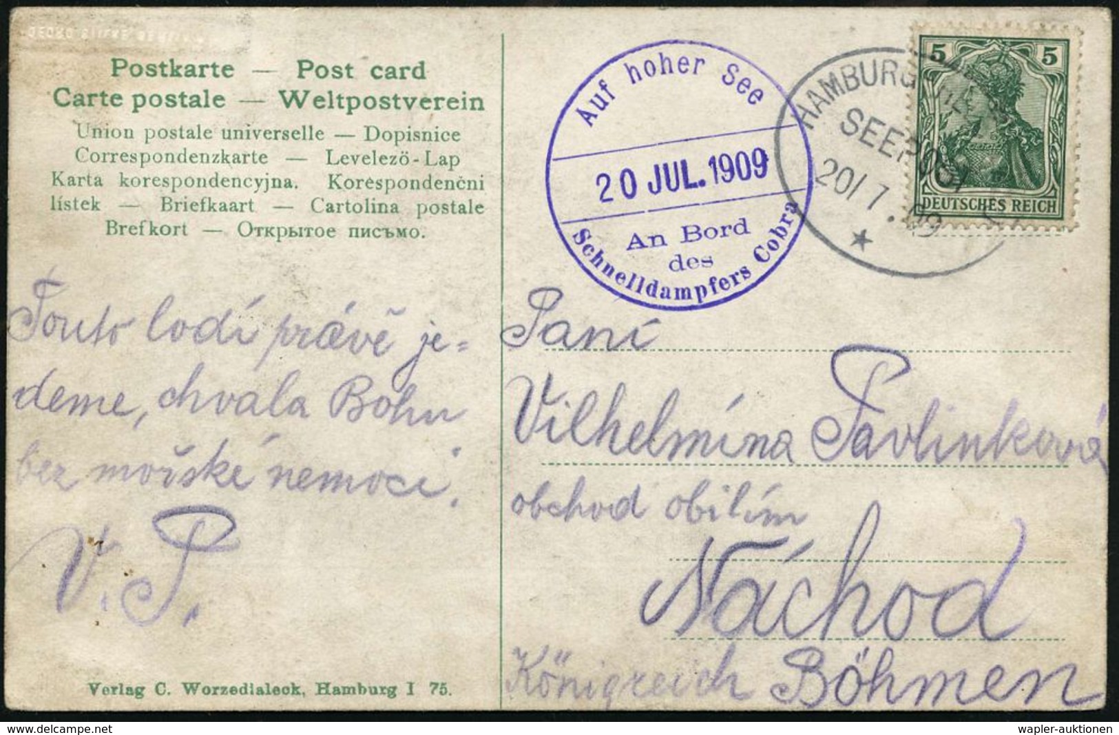 HAMBURG - HELGOLAND/ SEEPOST/ * 1909 (20.7.) Oval-BPA + Viol. 1K-HdN: Auf Hoher See/An Bord/d./Schnell-dampfers Cobra (N - Maritime