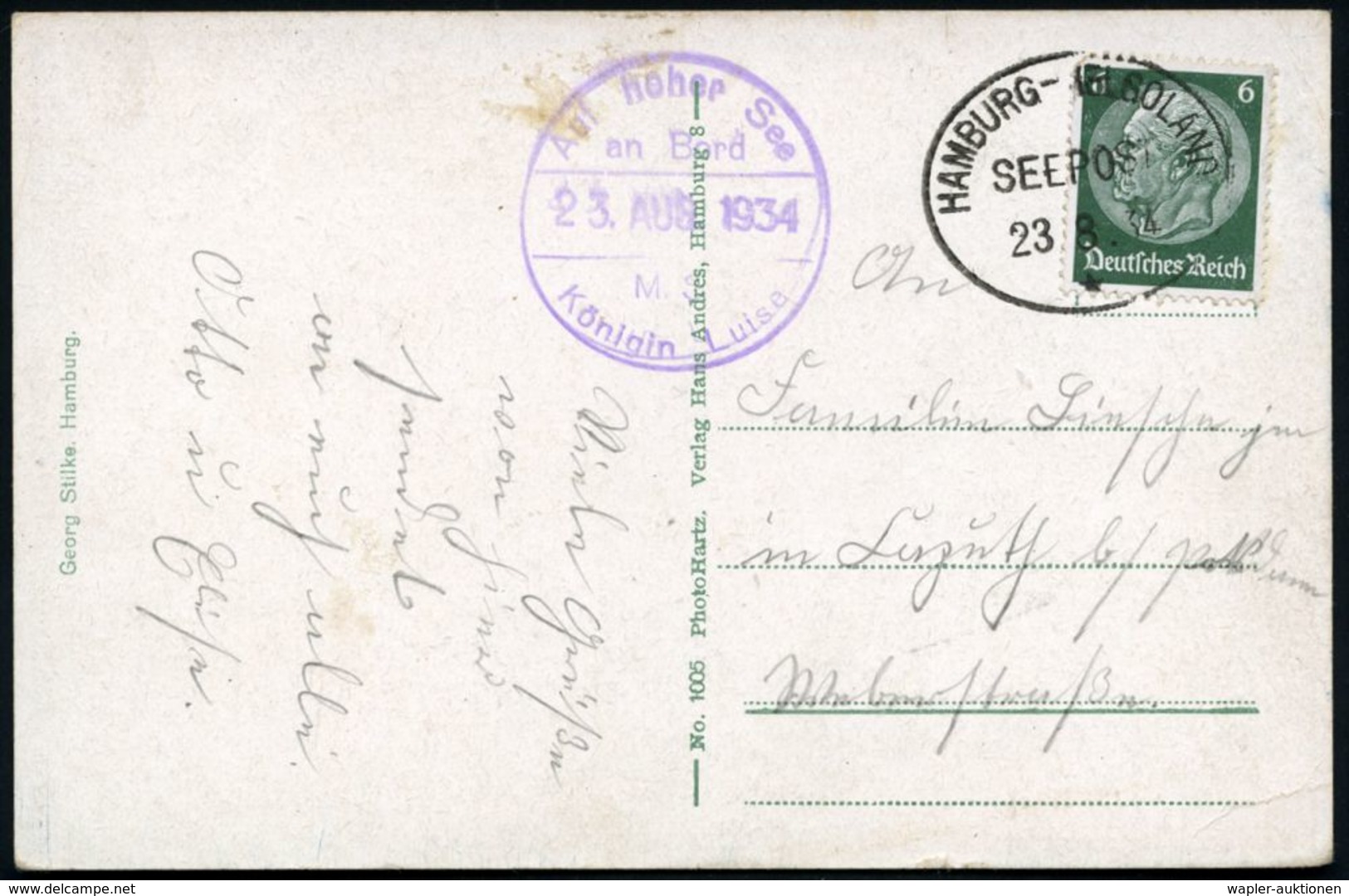 HAMBURG-HELGOLAND/ SEEPOST/ * 1934 (2.8.) Oval-BPA  M I T  Stern + Viol. HdN: ..M.S./Königin Luise Auf S/w.-Ak.: M.S. "K - Maritime