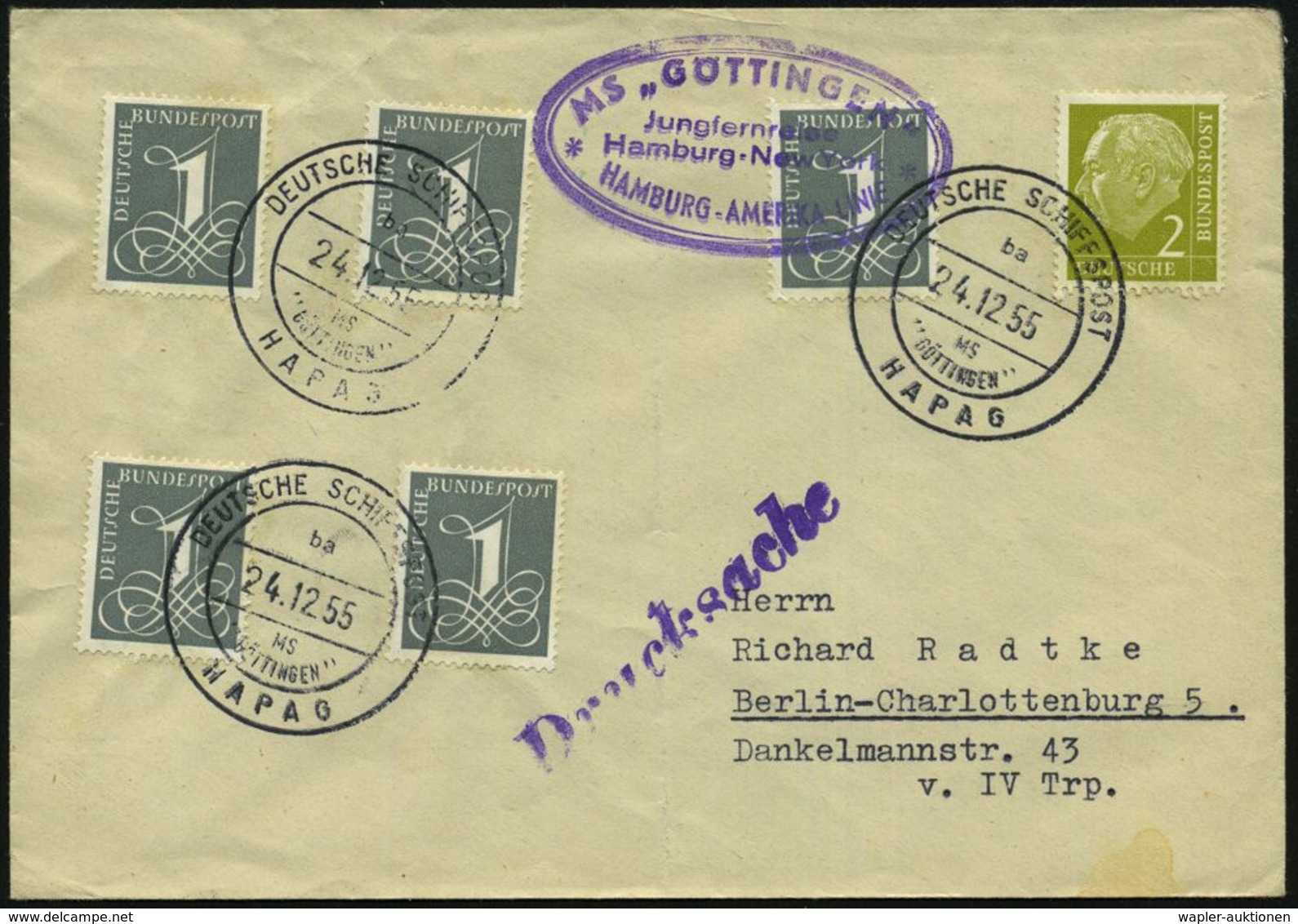 B.R.D. 1955 (24.12.) 2K-BPA: DEUTSCHE SCHIFFSPOST/ba/MS/"GÖTTINGEN"/HAPAG (Nr.i-17) 3x + Viol. Oval-HdN: MS "GÖTTINGEN"/ - Maritime