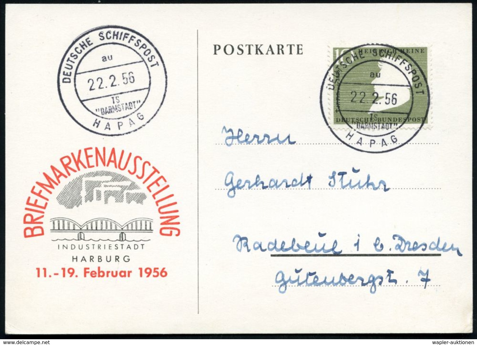 DEUTSCHE SCHIFFSPOST/ Au/ TS/ "DARMSTADT"/ HAPAG 1956 (22.2.) 2K-BPA Auf Sonderkt.: Briefm.-Ausstellung Harburg (EF Mi.2 - Schiffahrt