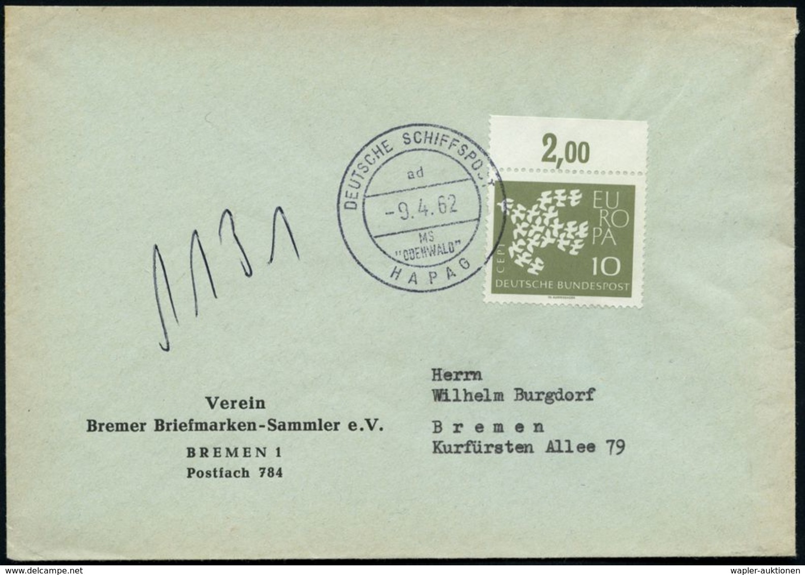 B.R.D. 1962 (9.4.) 2K-BPA: DEUTSCHE SCHIFFSPOST/ad/MS/"ODENWALD"/HAPAG Klar Auf Inl.-Bf. (Nr.i-36) - - Maritime