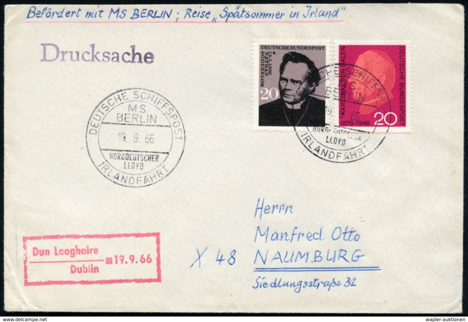 B.R.D. 1966 (19.9.) 2K-BPA: DEUTSCHE SCHIFFSPOST/MS/BERLIN/NDL/IRLANDFAHRT 2x Klar + Ra.2: Dun Laoghaire/ Dublin/ 19.9.6 - Maritime