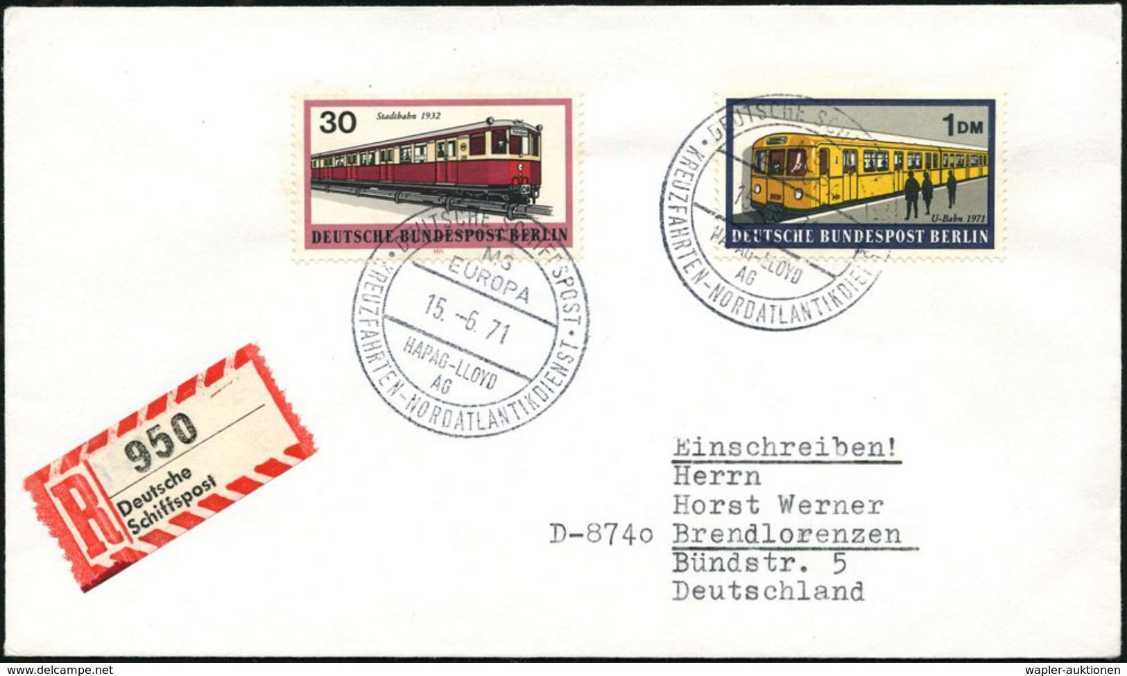 B.R.D. 1971 (15.6.) 2K-BPA: DEUTSCHE SCHIFFSPOST/MS/EUROPA/HAPAG-LLOYD/AG/KREUZFAHRTEN - NORDATLANTIK-DIENST 2x + Sonder - Maritime