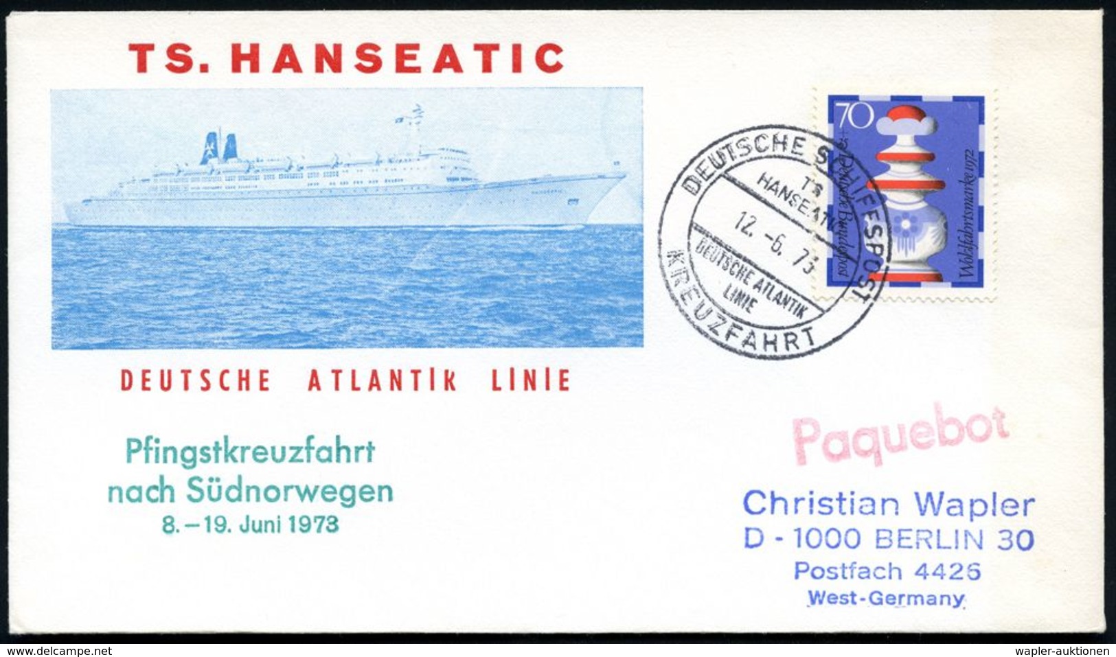 DEUTSCHE SCHIFFSPOST/ TS/ HANSEATIC/ DAL/ KREUZFAHRT 1973 (12.6.) 2K-BPA + Roter 1L: Paquebot + 3L: Pfingstkreuzfahrt..S - Marittimi