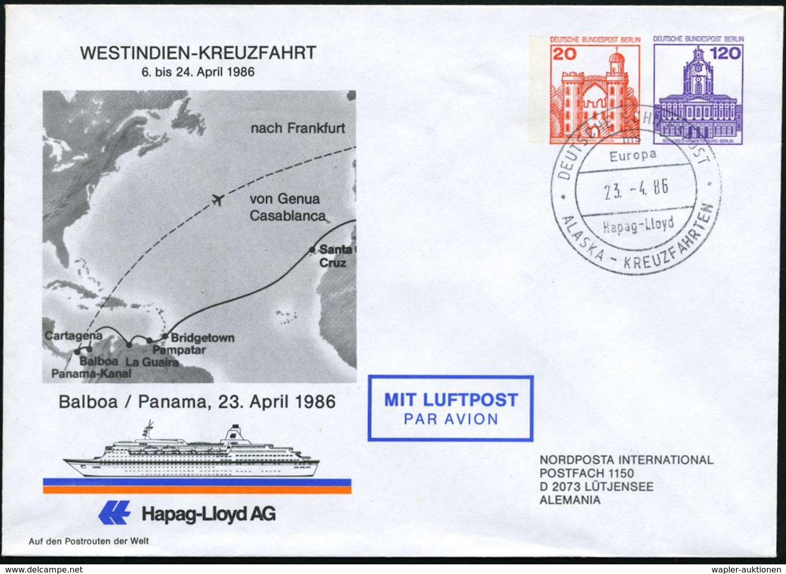 B.R.D. 1986 (23.4.) 2K-BPA.: DEUTSCHE SCHIFFSPOST/ms/Europa/Hapag-Lloyd/ALASKA-KREUZFAHRT A. PU 20 + 120 Pf. Burgen: WES - Marittimi