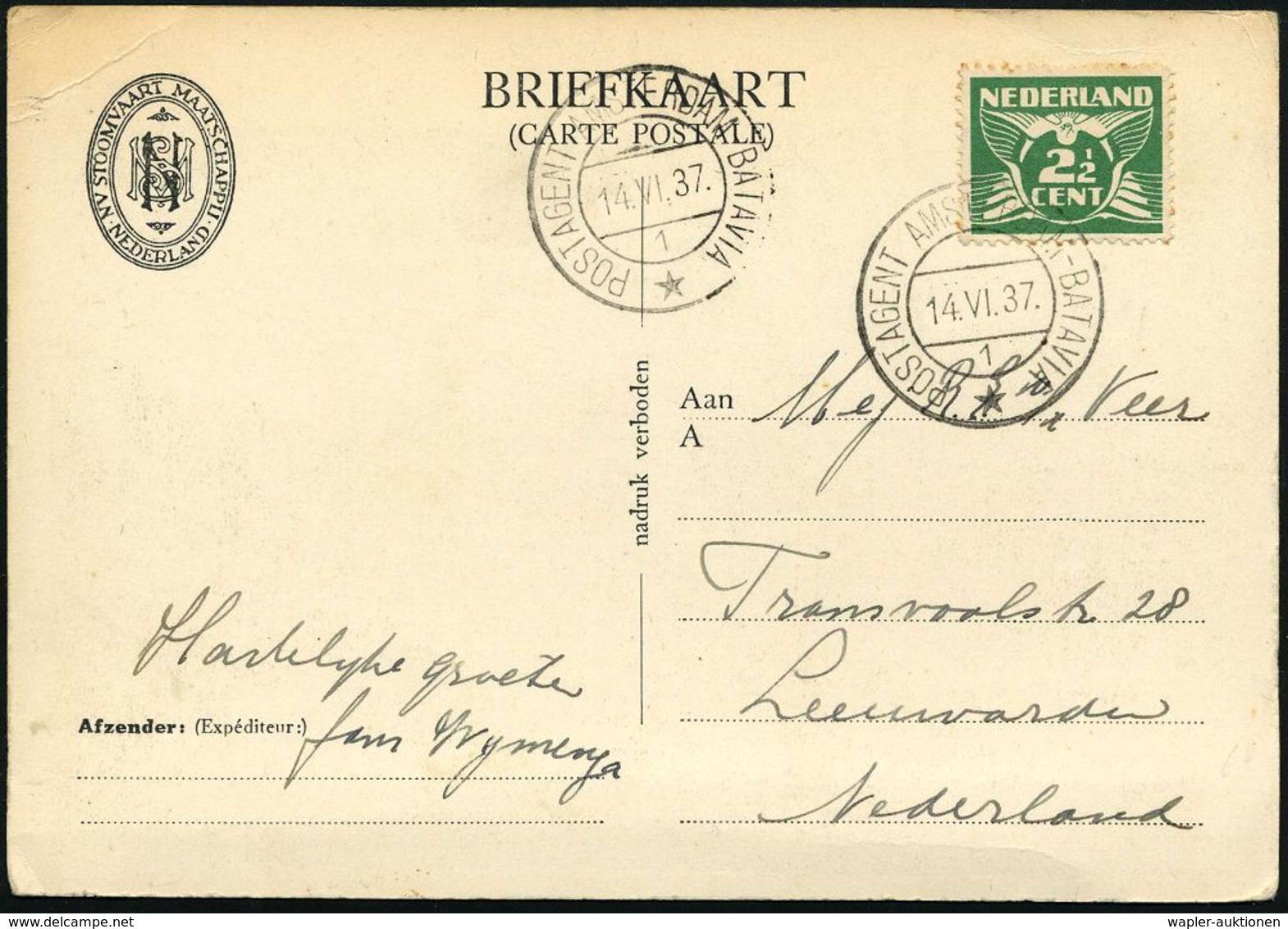 NIEDERLANDE 1937 (14.6.) 2K-BPA: POSTAGENT AMSTERDAM - BATAVIA/1/* = Ambulante Seepost Niederland - Indonesien , 2x Klar - Maritime
