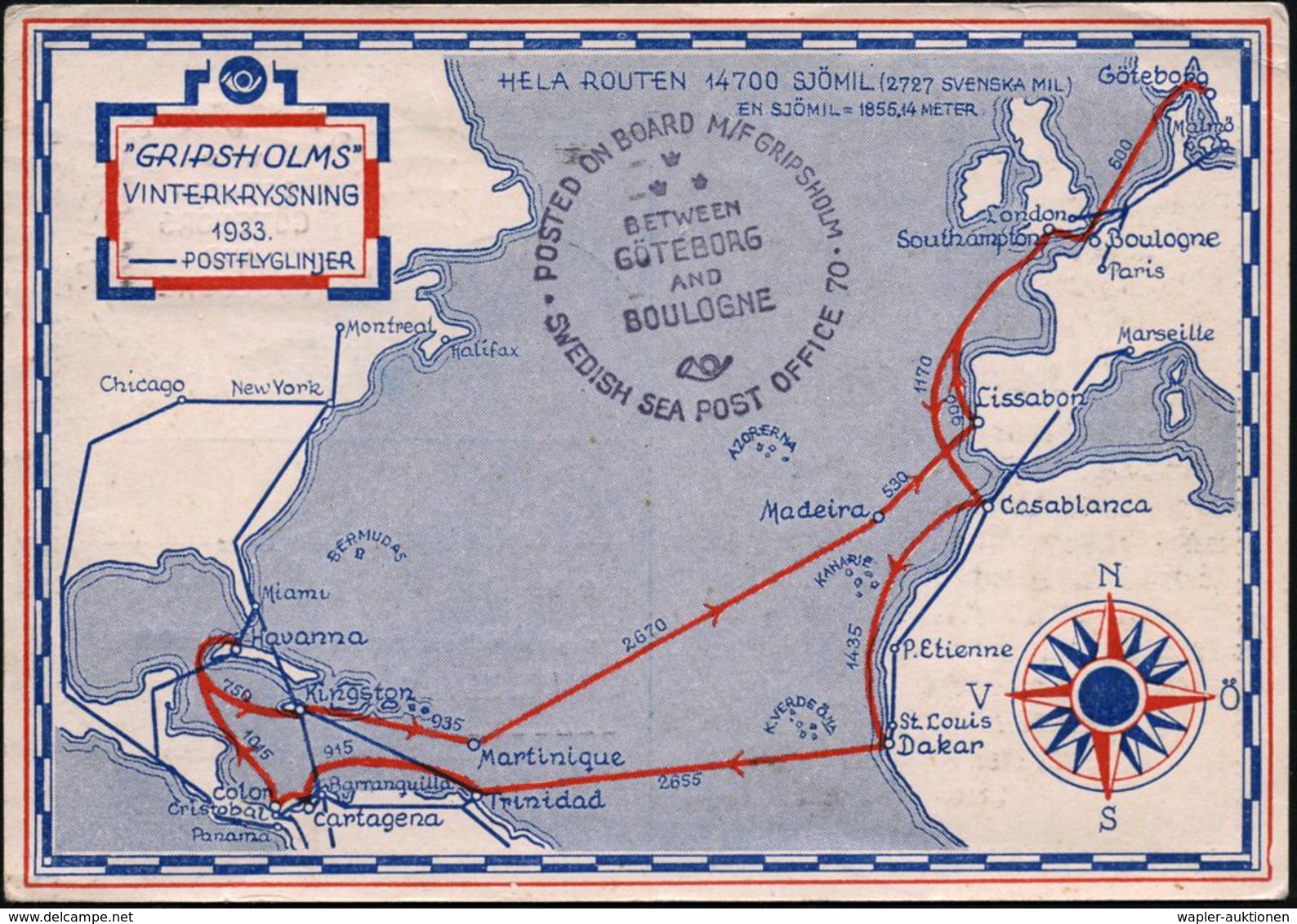 SCHWEDEN 1933 (10.2.) BPA: SWEDESH SEA POST OFFICE/POSTED ON BOARD M-F GRIPSHOLM/BETWEEN/GÖTEBORG/AND/ BOULOGNE (Ma-AS)  - Maritime