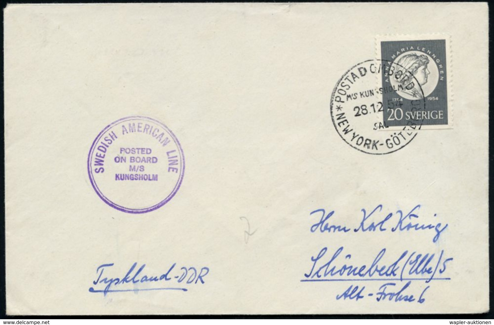 SCHWEDEN 1954 (28.12.) 1K-BPA: POSTAD OMBORD/MS KUNGSHOLM/SAL/*NEW YORK - GÖTEBORG* , EF 20 Ö. Lenngren (Mi.394 EF) + Vi - Maritime