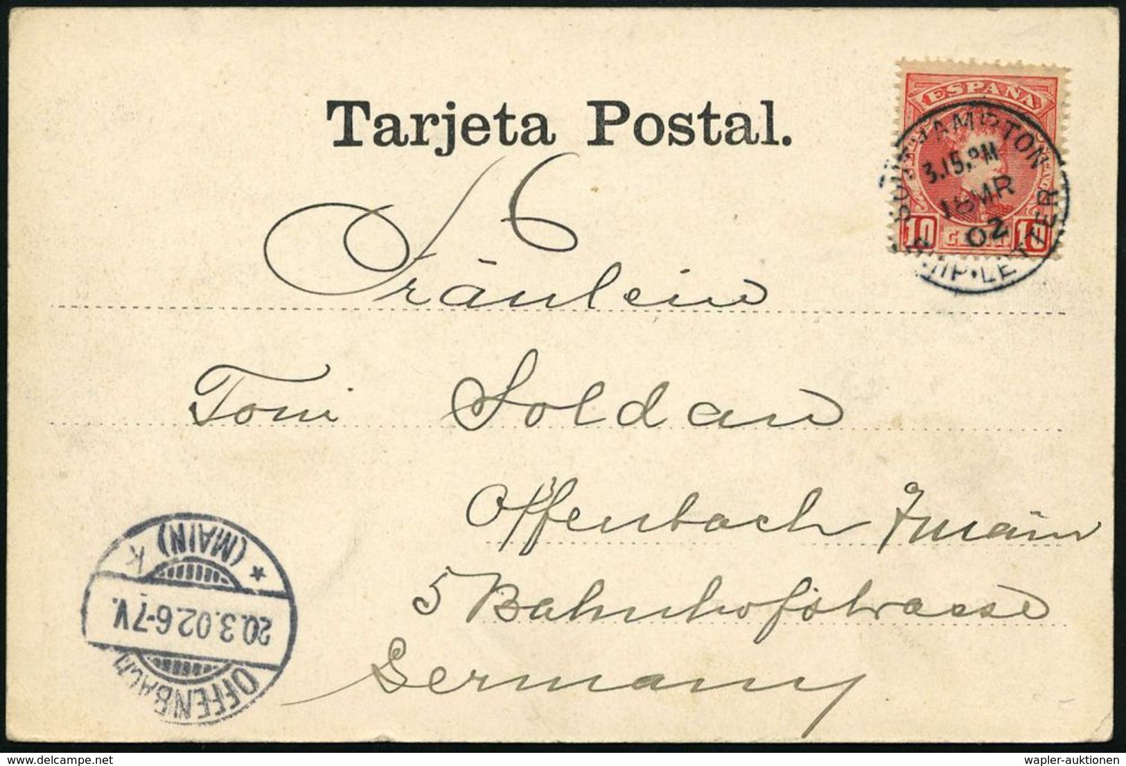 SPANIEN /  GROSSBRITANNIEN 1902 (18.3.) 1K: SOUTHAMPTON/SHIP-LETTER Auf EF Spanien 10 C. Alfons, Rot (Mi.208 EF) S/w.-Ak - Marítimo