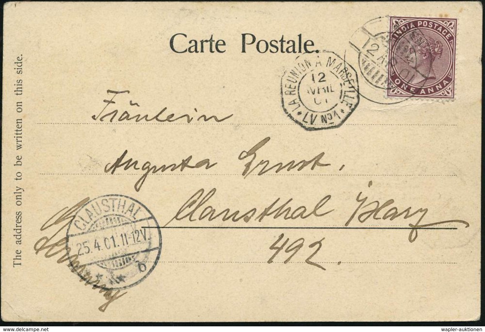 ADEN /  INDIEN 1901 (12.4.) Indien 1 Anna ,EF M.1K:-Gitter: ADEN + Französ. Achteck-Seepost-St: LA REUNION A MARSEILLE/  - Maritime