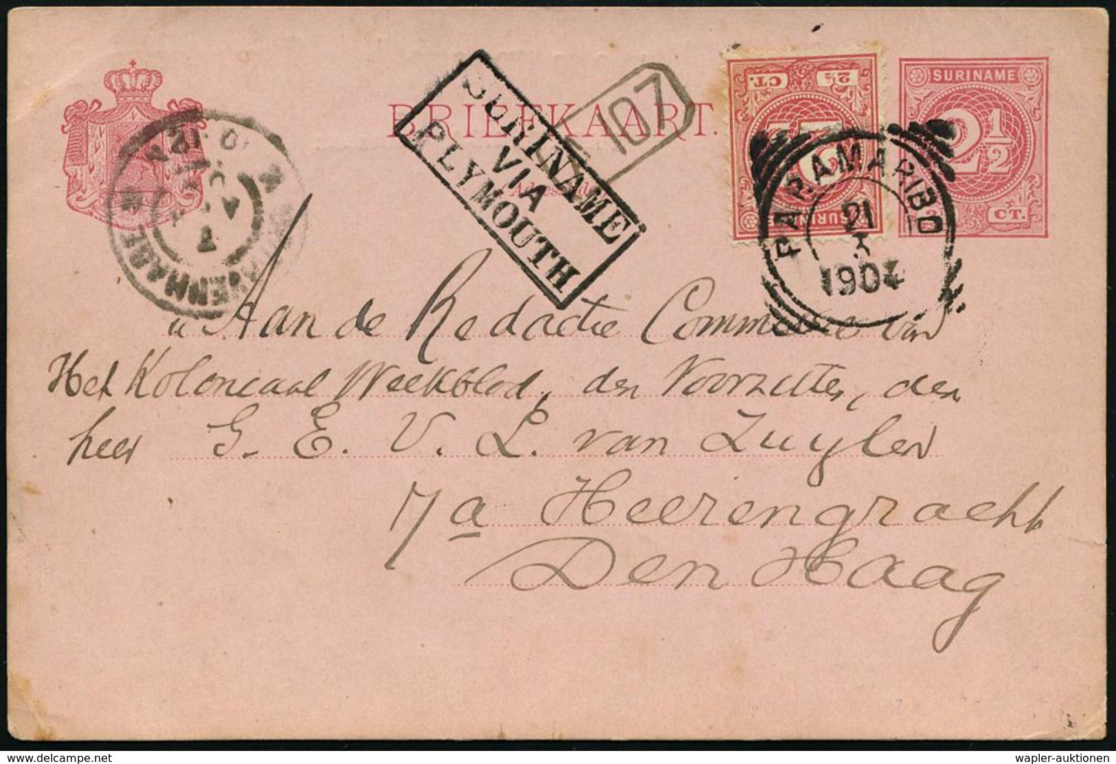 SURINAM 1904 (21.3.) Inl.-P 2 1/2 C. Ziffer Karmin/rosa + Zusatzfrankat. 2 1/2 C. Ziffer, 2K: PARAMARIBO + Schw. Ra.3: S - Maritime