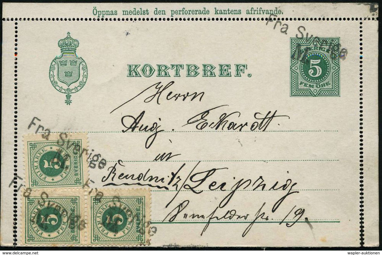 SCHWEDEN 1890 (14.9.) 5 Öre Kartenbf., Grün (Abrißrand Z.T. Abgetrennt) + 3x 5 Öre Ziffer Zusatzfrankatur (Mi.3x 19) 4x  - Maritime
