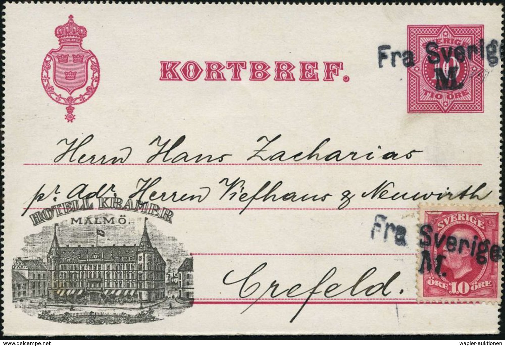 SCHWEDEN 1897 (21.11.) Privat-Reklame-Kartenbf. 10 Ö. Rot: HOTEL KRAMER/MALMÖ + Zusatzfrankat. 10 Ö. (Mi.43) 2x Schw. 2L - Schiffahrt