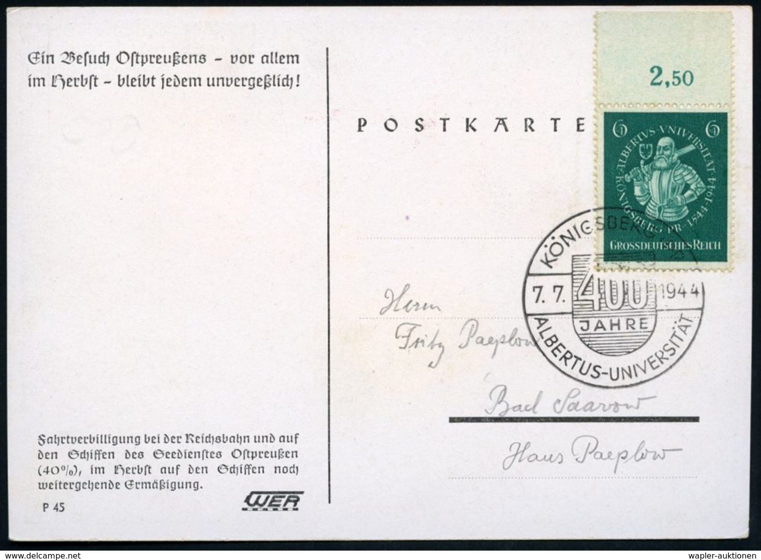 KÖNIGSBERG (PR)/ 400 JAHRE/ ALBERTUS-UNIVERSITÄT 1944 (7.7.) SSt Auf Passender EF 6 + 4 Pf. Albertus-Universität (Mi.896 - Maritime