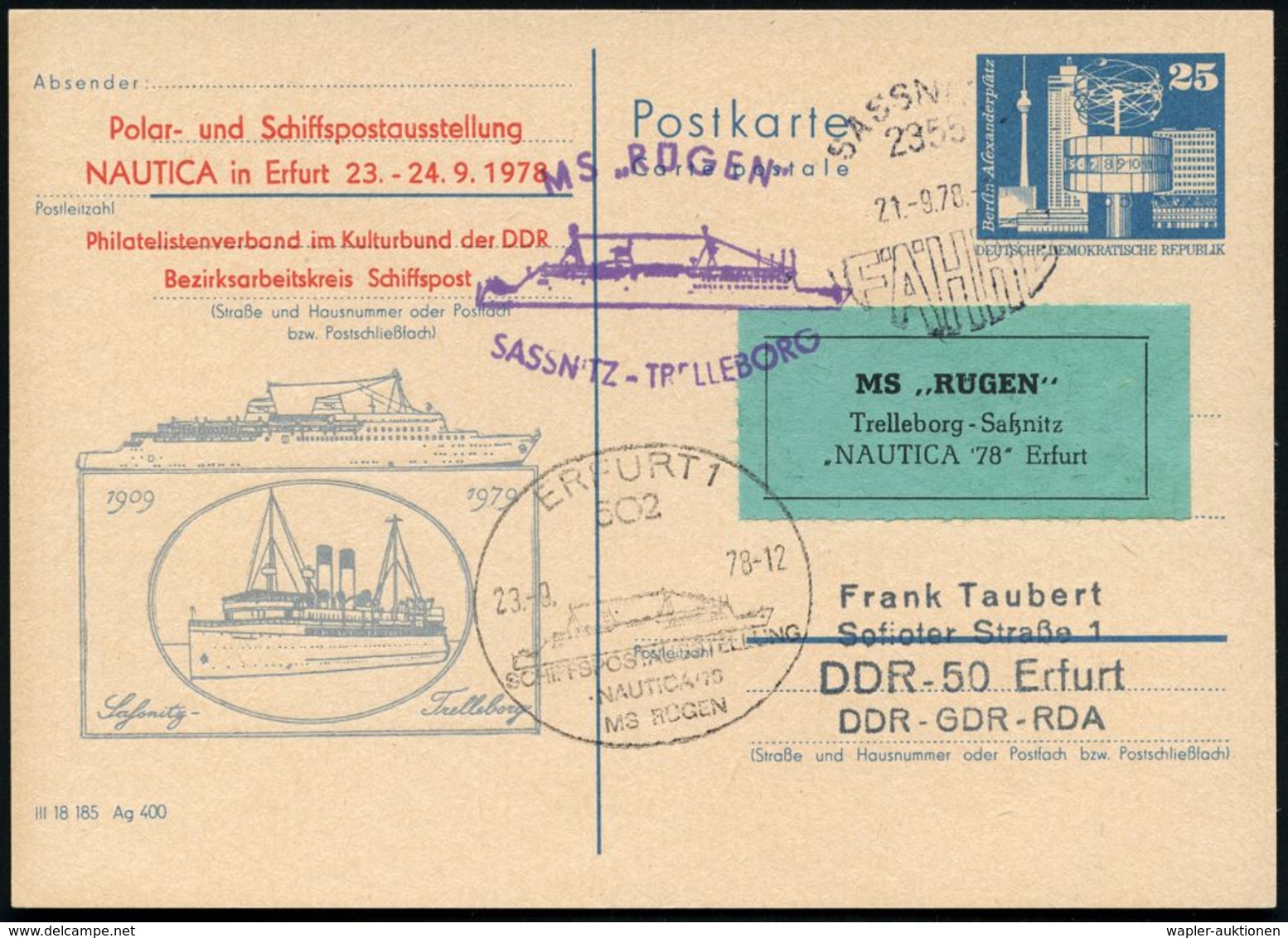 2355 SASSNITZ 1/ FÄHRE 1978 (21.9.) HWSt Auf PZD 25 Pf. Weltuhr: Polar-u.Schiffspostausst. NAUTICA Erfurt (Mi.PZD 80) +  - Maritime