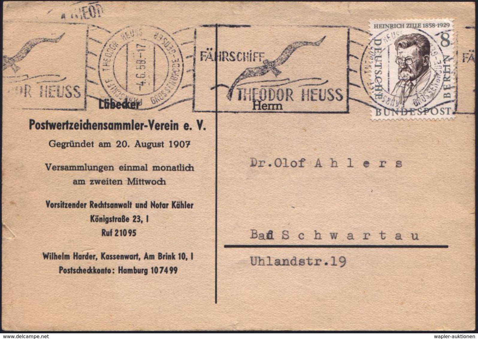 B.R.D. 1958 (Juni) Seltener RoWSt: FÄHRSCHIFF THEODOR HEUSS/GROSSENBRODE - GEDSER/FÄHRSCHIFF/T (Möwe) Bedarfs-Kt. (Nr. R - Marítimo