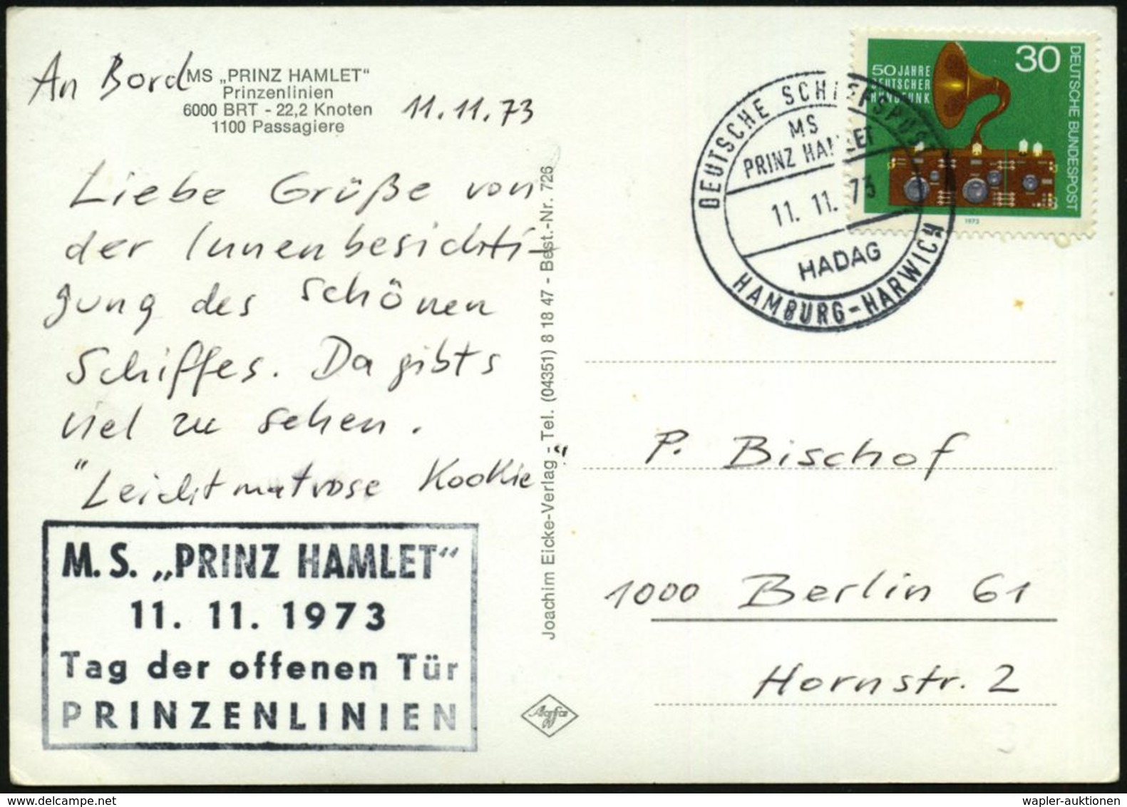 B.R.D. 1973 (11.11.) 2K-BPA: DEUTSCHE SCHIFFSPOST/MS/PRINZ HAMLET/HADAG/HAMBURG - HARWICH (= Prinz Hamlet III) + Schw. R - Marítimo