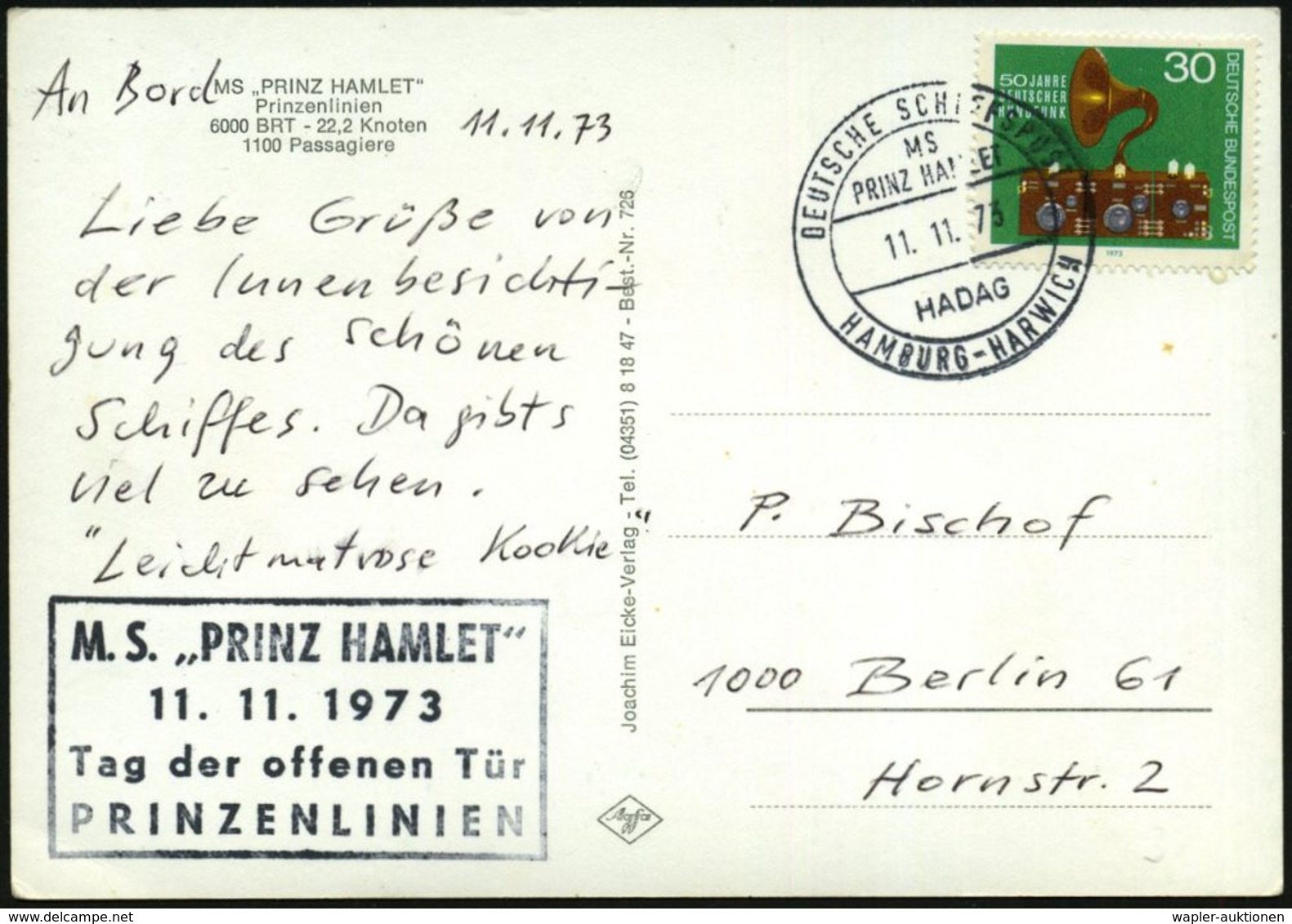 B.R.D. 1973 (11.11.) 2K-BPA: DEUTSCHE SCHIFFSPOST/MS/PRINZ HAMLET/HADAG/HAMBURG - HARWICH (= Prinz Hamlet III) + Schw. R - Maritime