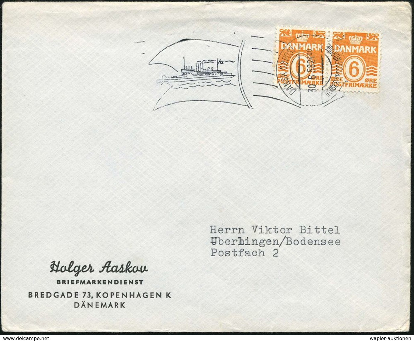 DÄNEMARK 1958 (30.6.) 1K-Fahnen-BPA: DANSK SJÖPOST/GEDSER - GROSSENBRODE Mit Minutenangabe (Abb.: Eisenbahn-Fähre) Ausl. - Maritime