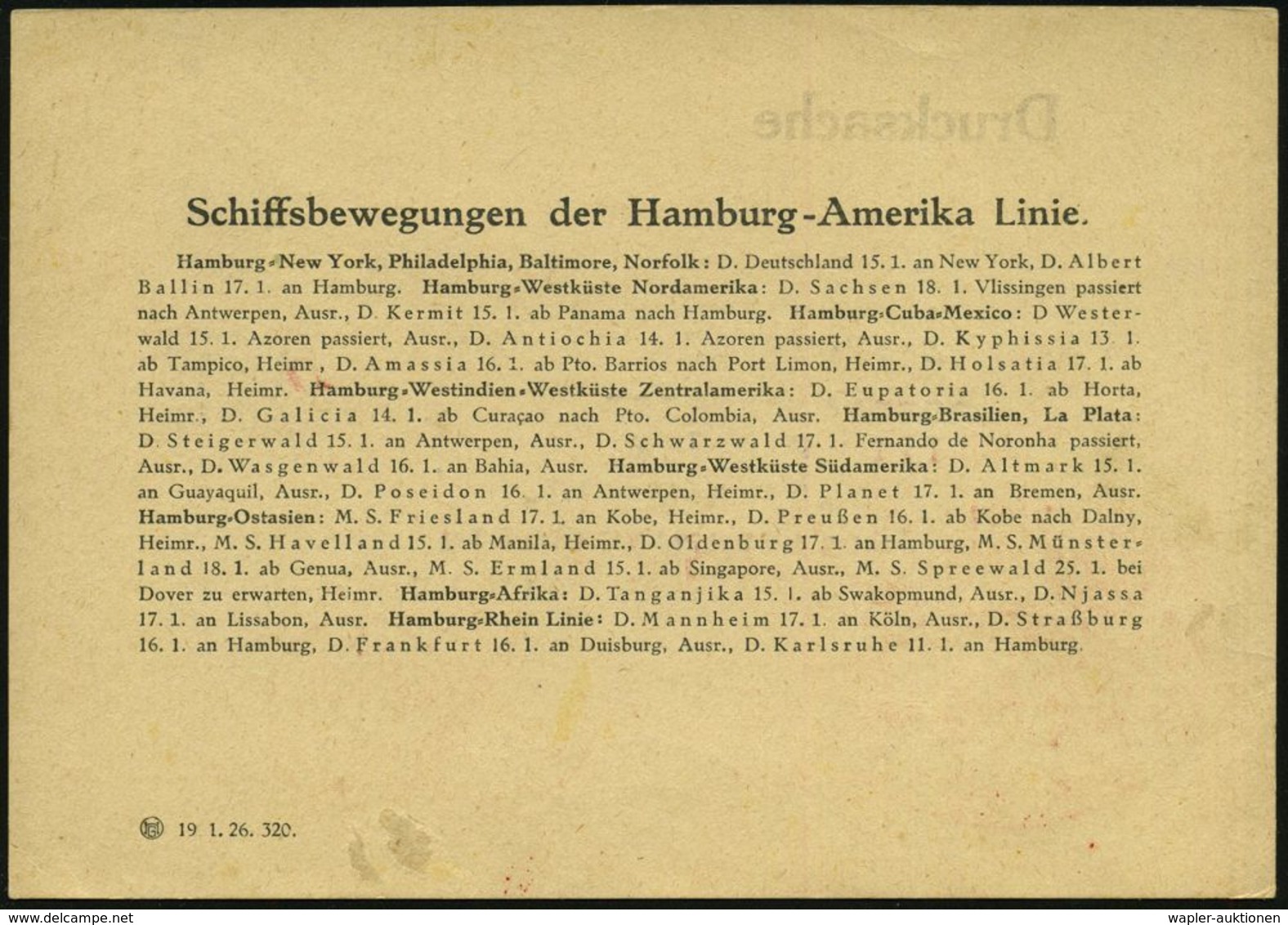 HAMBURG/ 1/ HAMBURG-AMERIKA/ LINIE 1926 (20.1.) Früher AFS Klar Auf Firmen-Kt.: Schiffsbewegungen Der Hamburg-Amerika-Li - Maritime