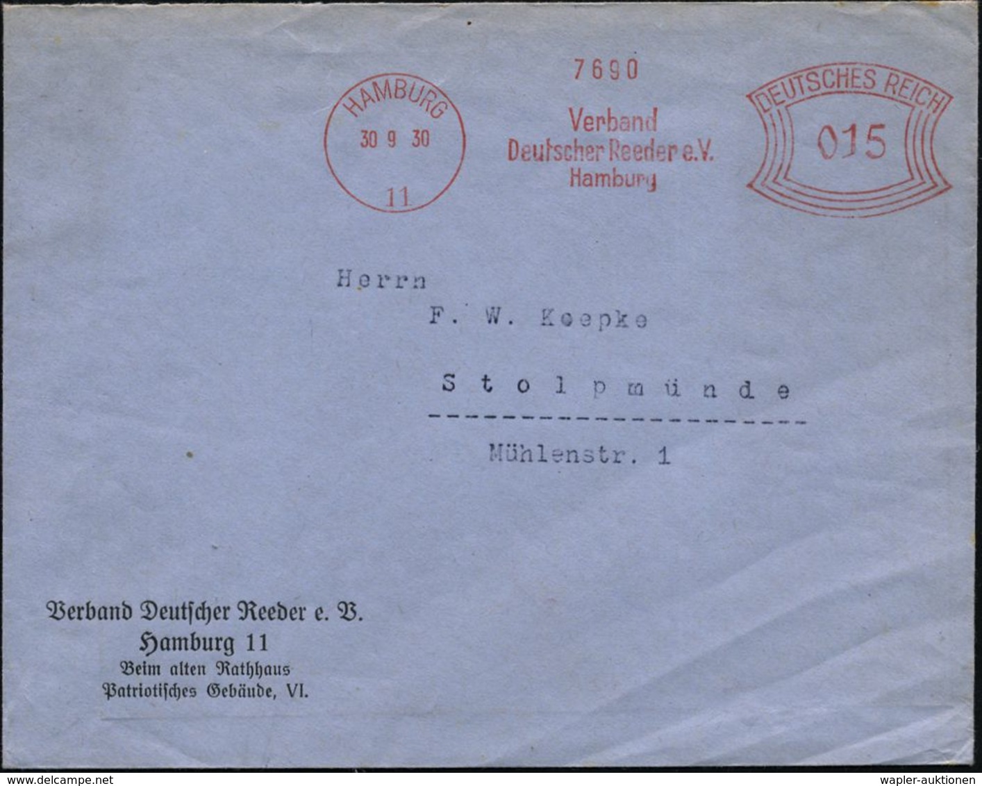 HAMBURG/ 11/ Verband/ Deutscher Reeder E.V. 1930 (30.9.) AFS Klar Auf Firmen-Bf. (Dü.E-1CEh) - - Schiffahrt