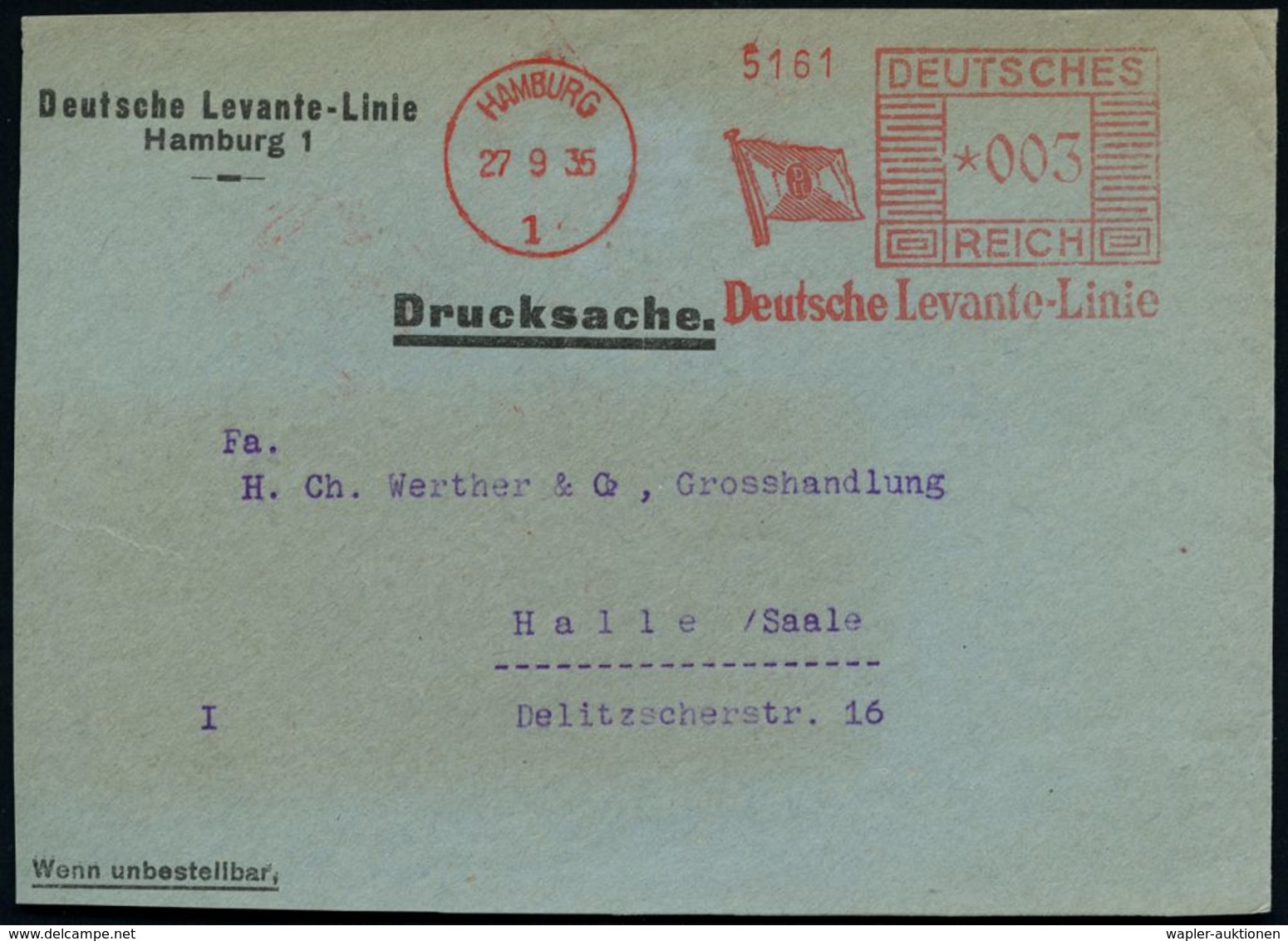 HAMBURG/ 1/ Deutsche Levante-Linie 1930/38 3 Verschied. AFS (1x M. Reedereiflagge) Klar Auf 3 Firmen-Vorderseiten (Dü.E- - Maritime