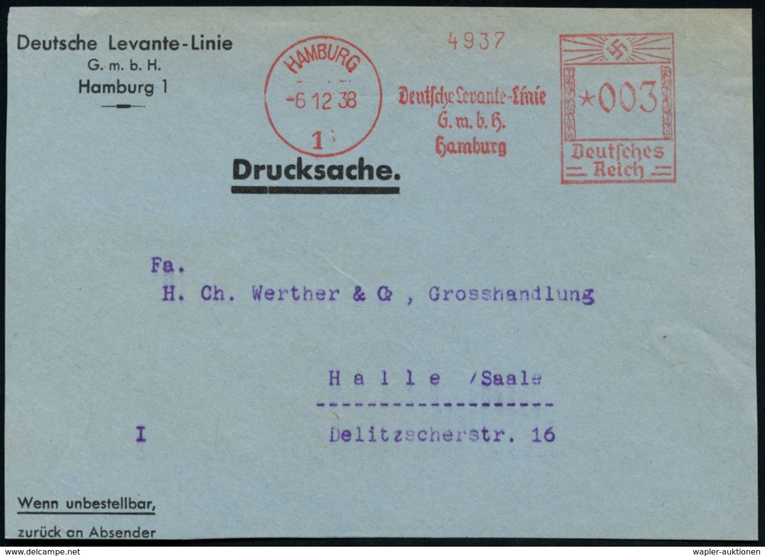 HAMBURG/ 1/ Deutsche Levante-Linie 1930/38 3 Verschied. AFS (1x M. Reedereiflagge) Klar Auf 3 Firmen-Vorderseiten (Dü.E- - Maritime