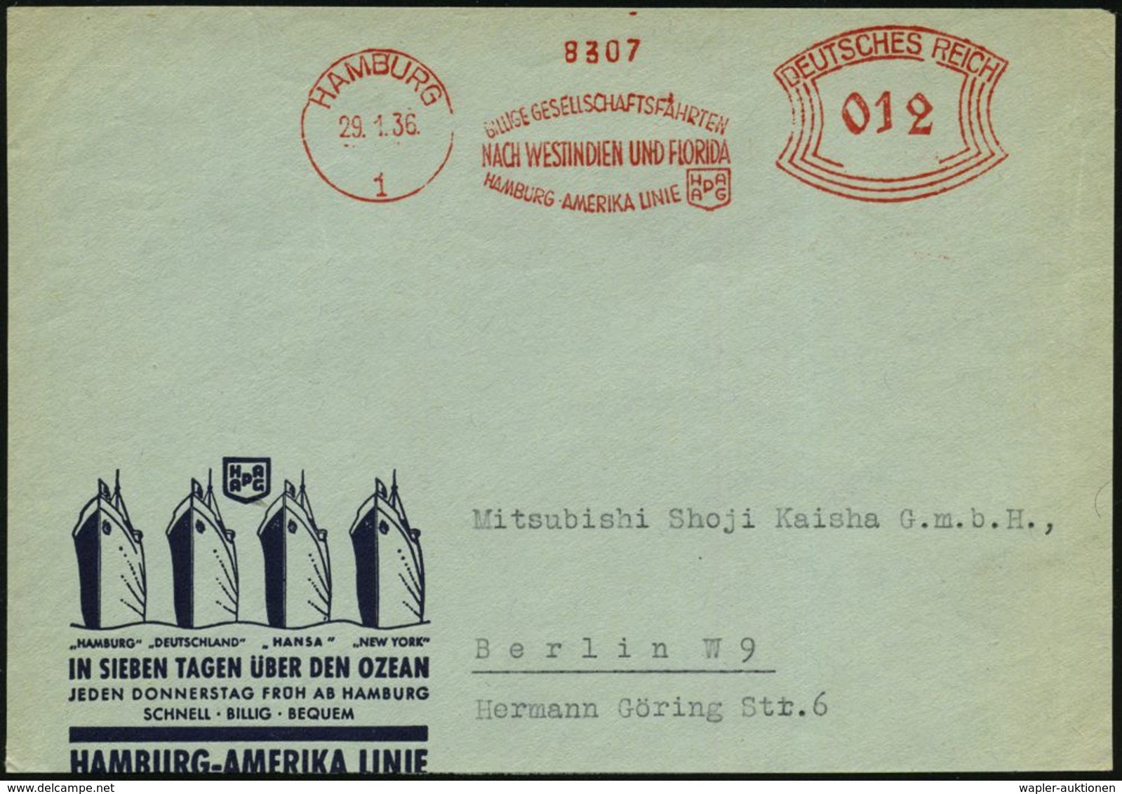 HAMBURG/ 1/ BILLIGE GESELLSCHAFTSFAHRTEN/ NACH WESTINDIEN U.FLORIDA/ ..HAPAG 1936 (29.1.) Seltener AFS A. Reklame-Vs.: H - Maritime