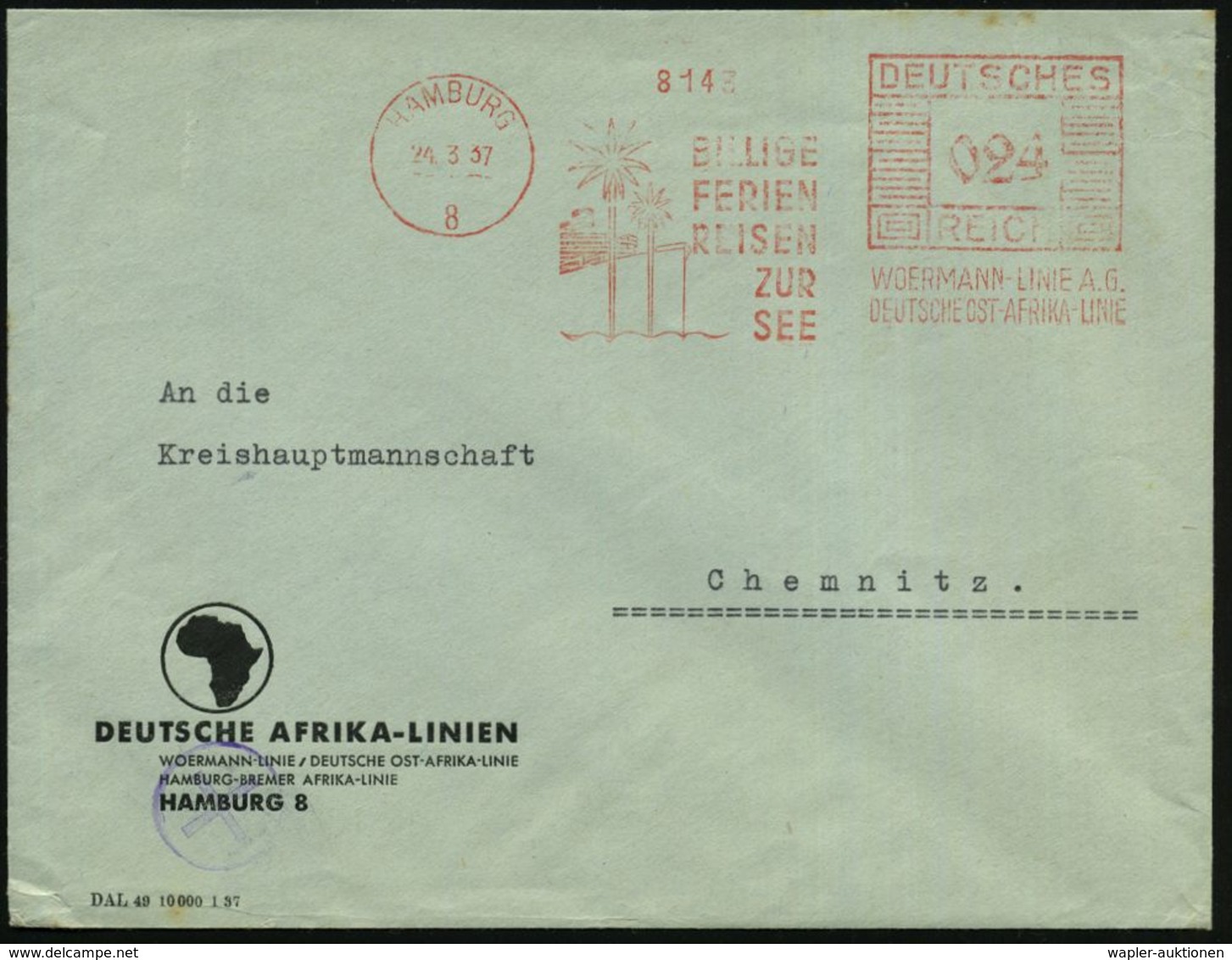 HAMBURG/ 8/ BILLIGE/ FERIEN/ REISEN/ ZUR/ SEE/ WOERMANN-LINIE AG/ DT.AFRIKA-LINIE 1937 (24.3.) AFS = Palmen Vor Fahrgast - Maritime