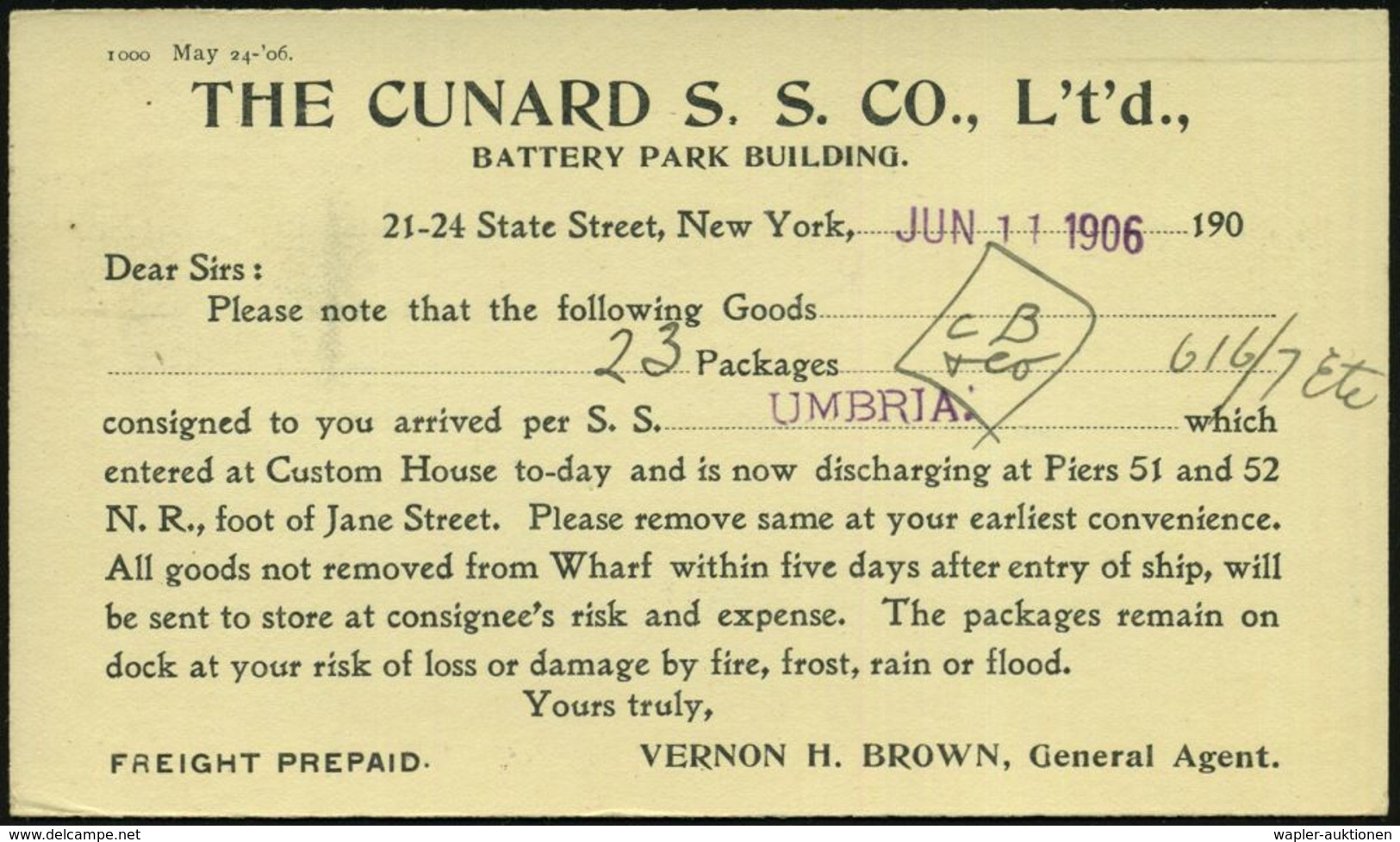 U.S.A. 1906 (11.6.) Amtl. P 1 C. McKinley + Rs. Firmen-Zudruck: THE CUNARD S. S. CO. Ltd. New York + Viol. 1L: U M B R I - Maritime