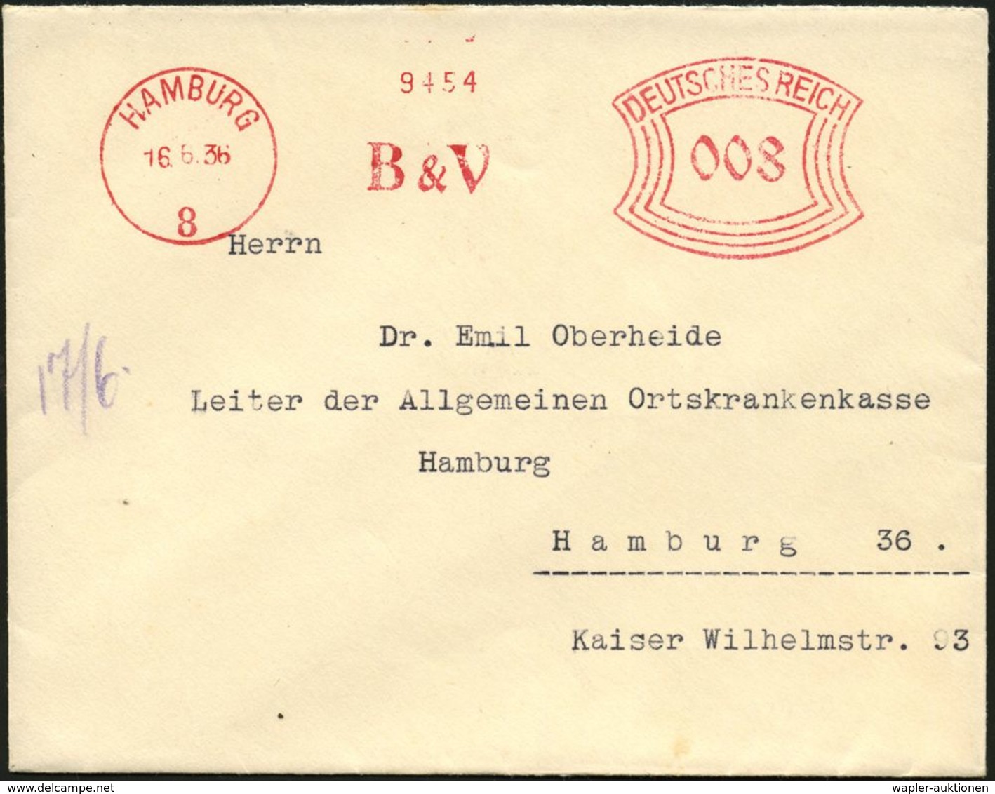 HAMBURG/ 8/ B & V 1936 (16.6.) AFS = B Lohm & Voss, Rs. Persönl. Absender-Vordr.: RUD. BLOHM, Kleiner Ortsbf., Kriegssch - Maritime