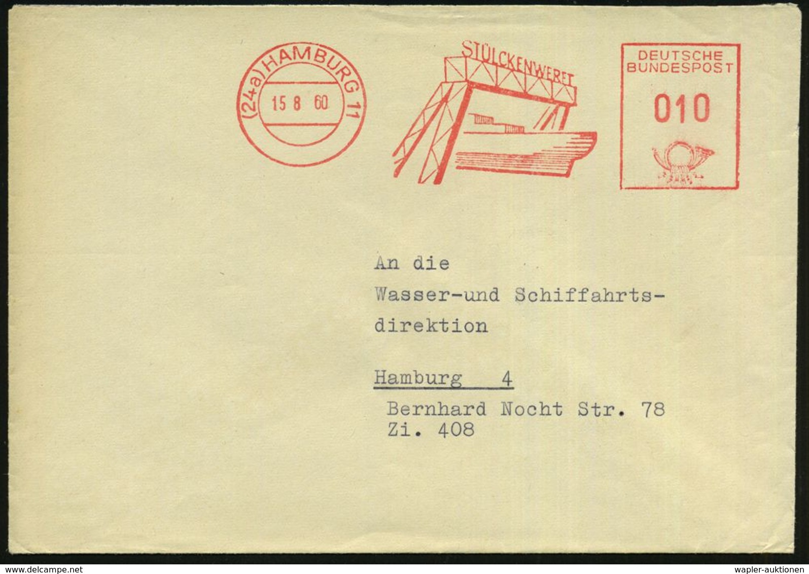 (24a) HAMBURG 11/ STÜLCKENWERFT 1960 (15.8.) Dekorativer AFS (= Werft Mit Schiffsrumpf) Klar Gest. Orts-Bf., = BRD-Pleit - Maritime