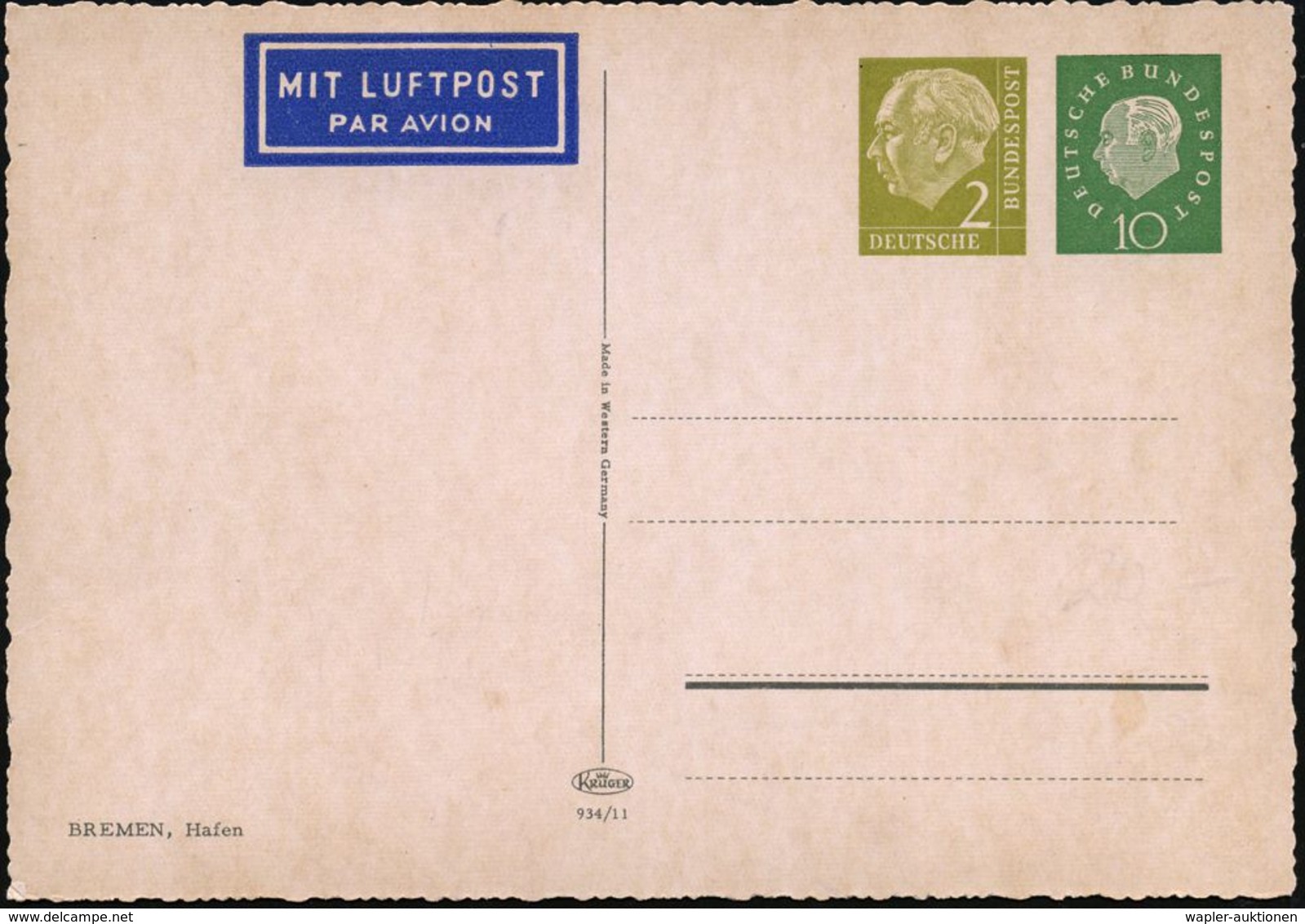 Bremen 1960 PP 2 Pf. Heuss I + 10 Pf. Heuss III "MIT LUFTPOST": Bremen, Hafen Mit Frachtern, Kränen, Barkassen Etc., Ung - Maritime