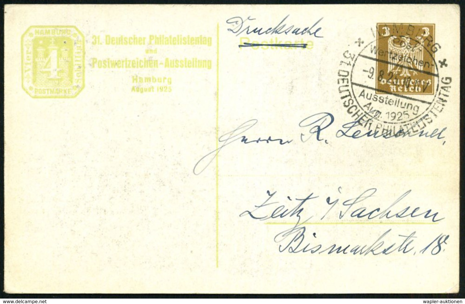 HAMBURG/ 31.DEUTSCHER PHILATELISTENTAG.. 1925 (9.8.) SSt Auf PP 3 Pf. Adler, Braun: 31. Deutscher Philatelistentag.. = S - Schiffahrt