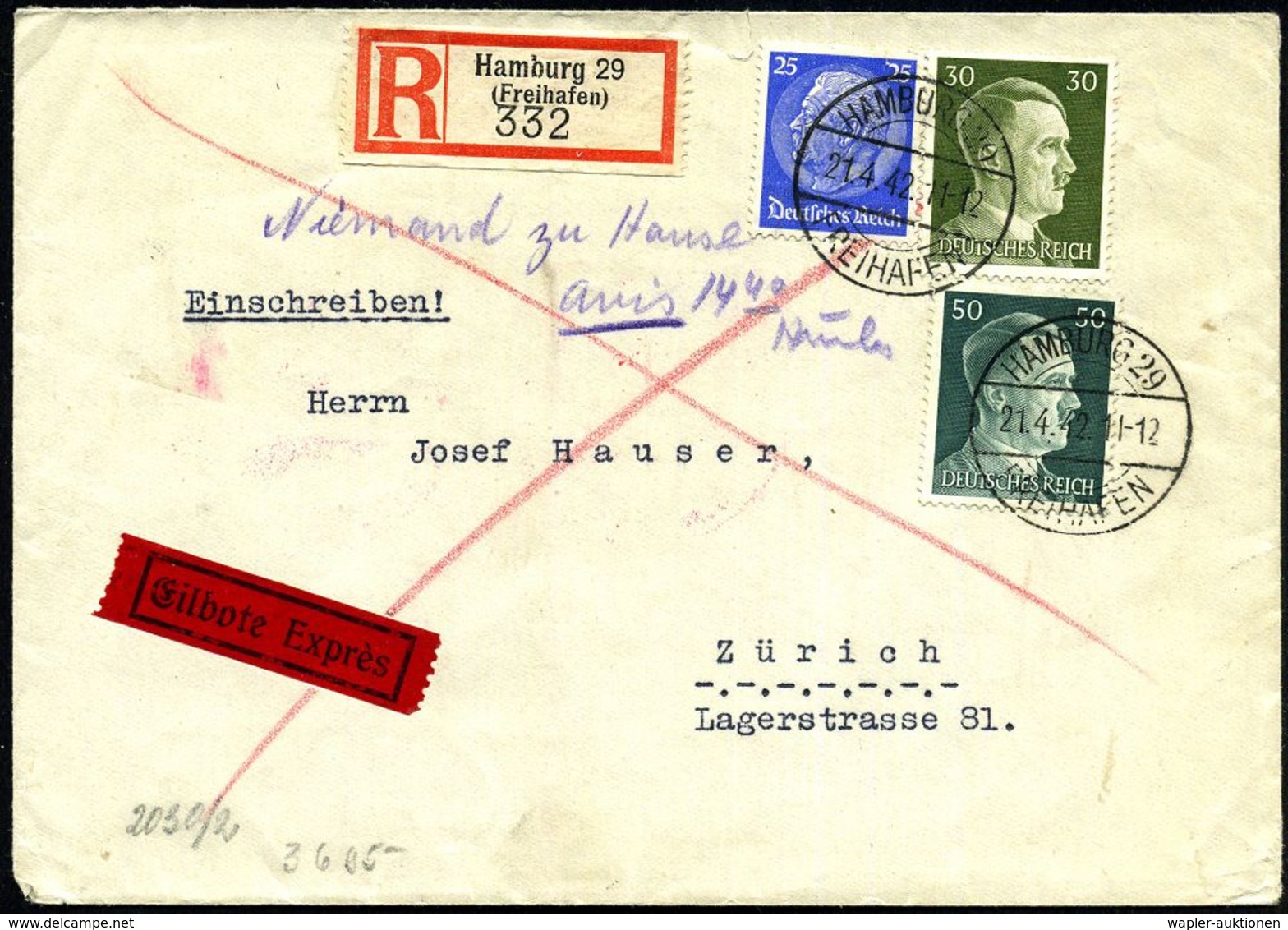 HAMBURG 29/  F R E I H A F E N 1942 (21.4.) Seltener 1K-Steg = Hauspostamt Zollausschlußgebiet Hamburger Hafen , 2x + So - Marítimo