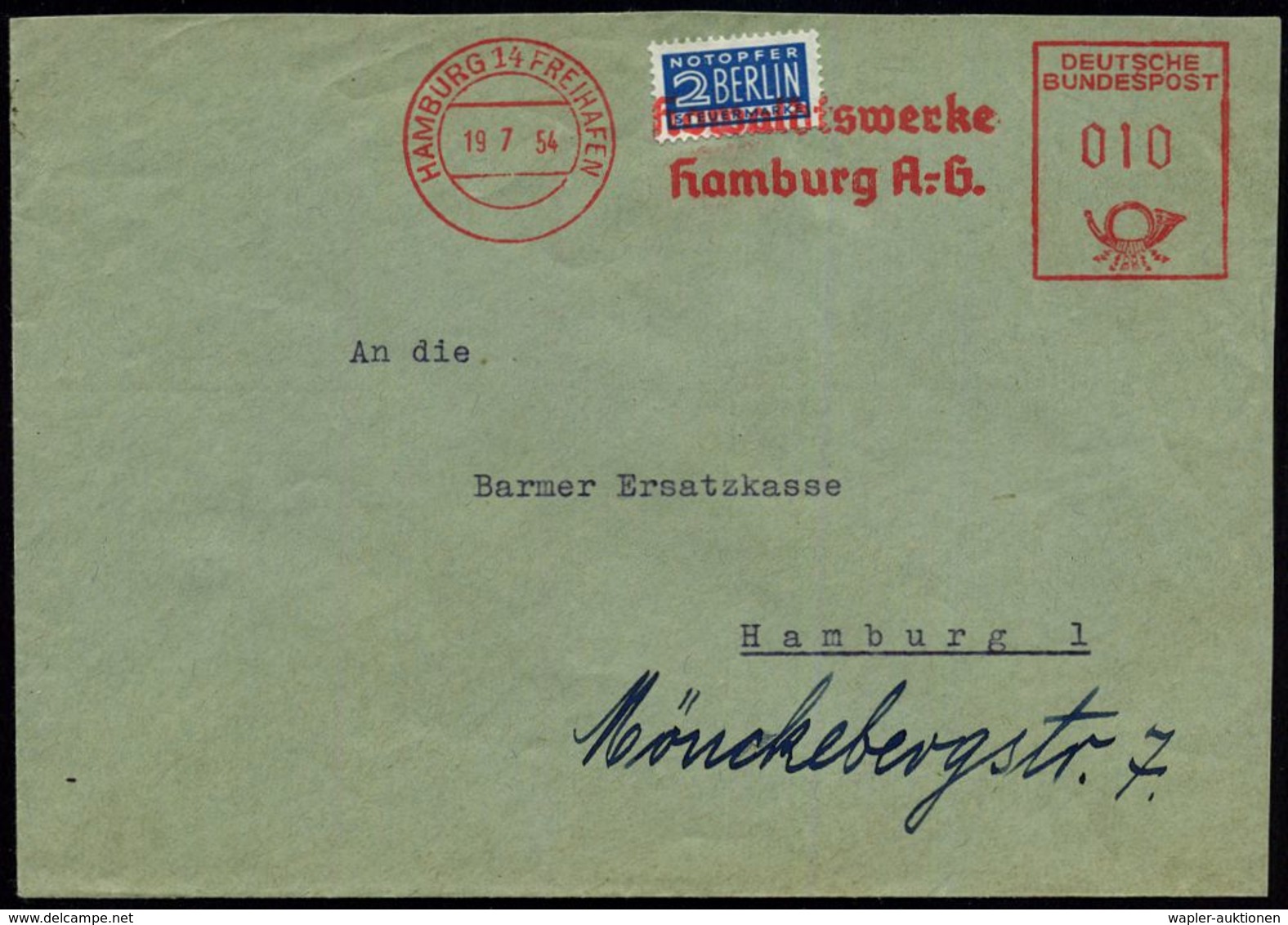 (24a) HAMBURG 14  F R E I H A F E N / Howaldtswerke/ Hamburg A.-G. 1954 (19.7.) AFS = Hauspostamt Zollausschlußgebiet Ha - Marítimo