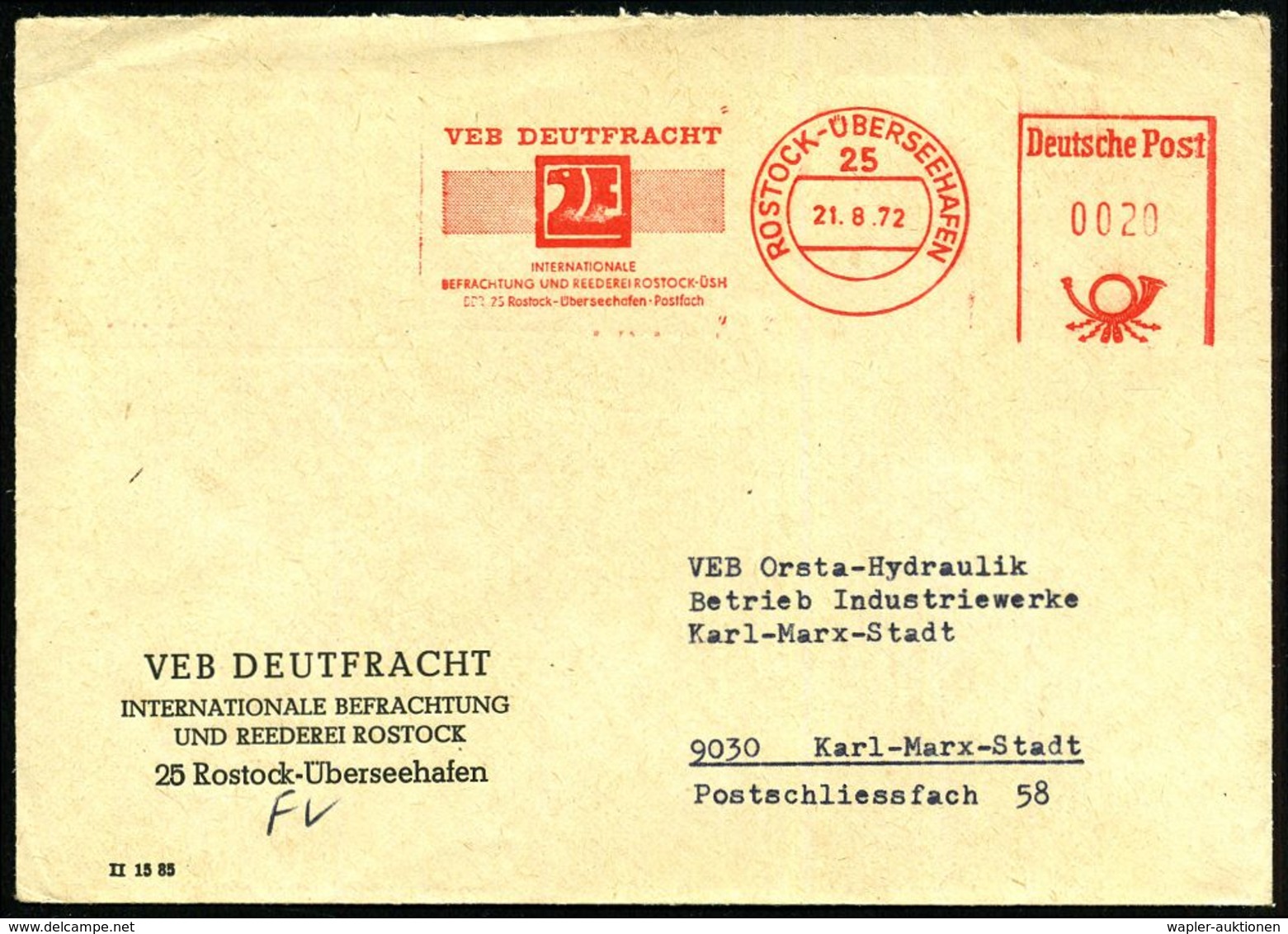 25 ROSTOCK - Ü B E R S E E H A F E N / DDR/ DSR/ VEB DEUTFRACHT SEEREEDEREI 1972 (21.8.) AFS, Sonderform Postalia Vierst - Maritime