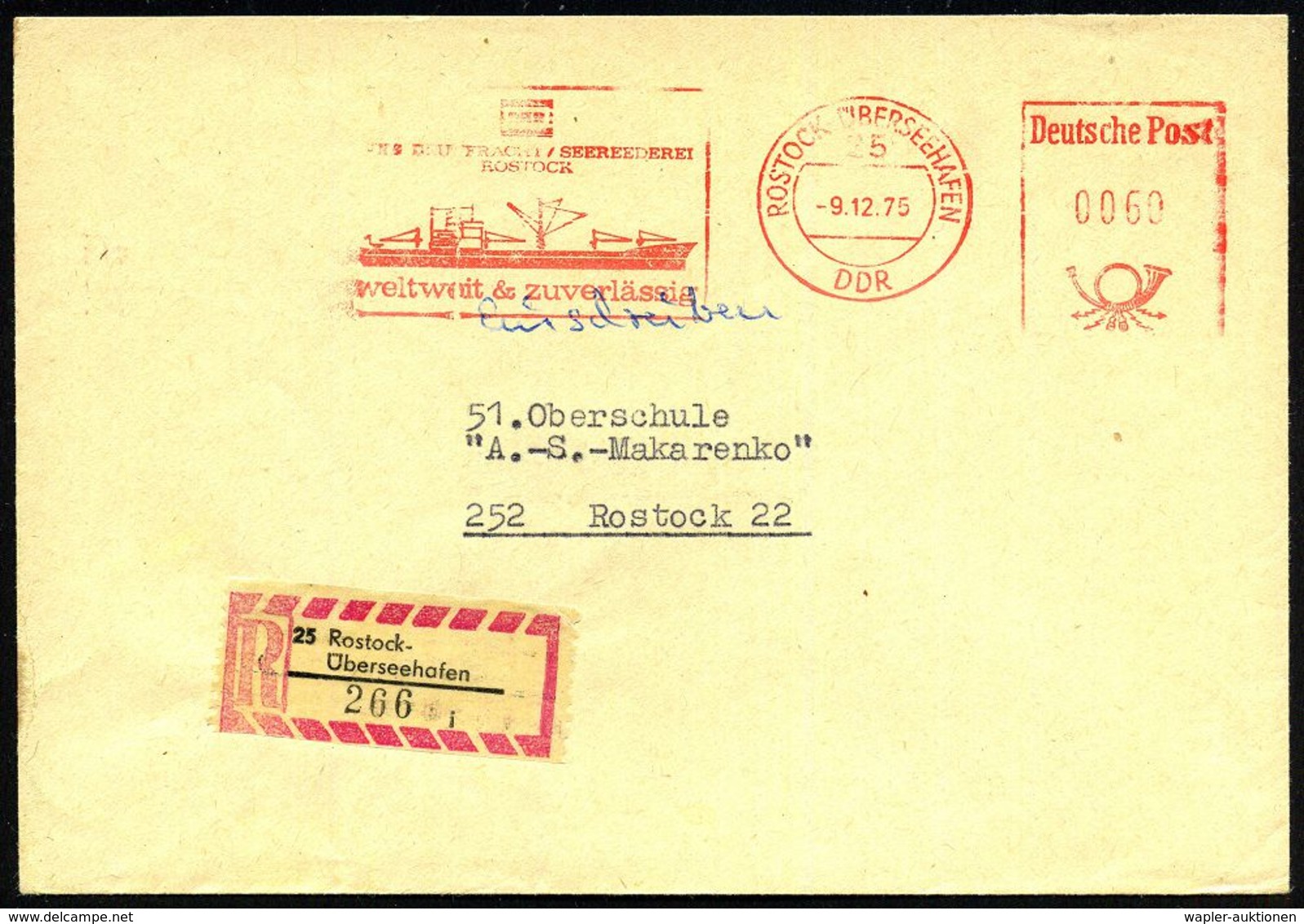 25 ROSTOCK-ÜBERSEEHAFEN/ DDR/ DSR/ VEB DEUTFRACHT-SEEREEDEREI.. 1975 (9.12.) AFS, Sonderform Postalia, Vierstellig 0060  - Maritime