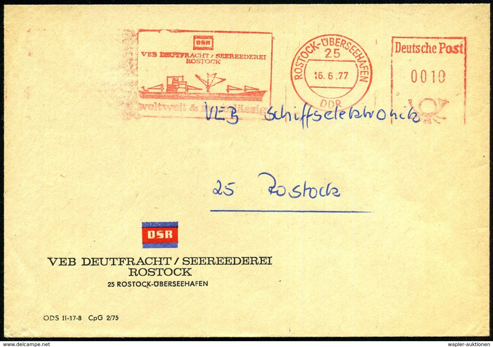 25 ROSTOCK-ÜBERSEEHAFEN/ DDR/ VEB DEUTFRACHT-SEEREEDEREI.. 1977 (16.6.) AFS, Sonderform Postalia, Vierstellig (Frachter  - Maritime