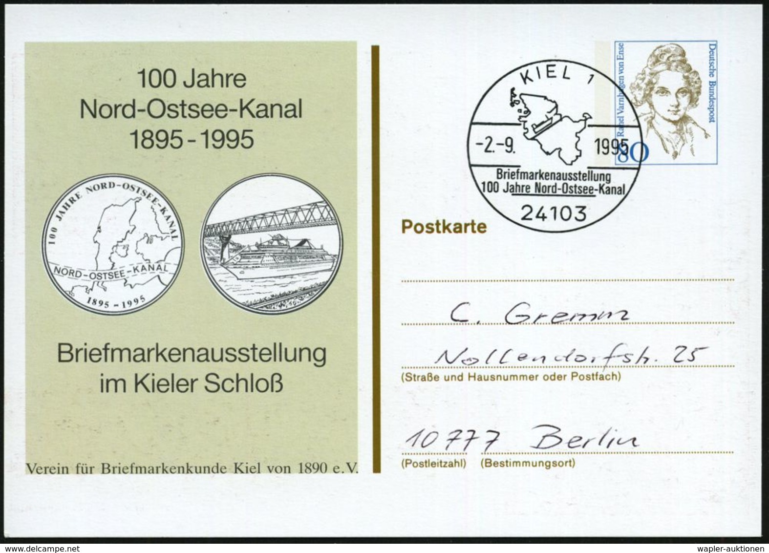 24103 KIEL 1/ Briefmarkenausstellung/ 100 Jahre Nord-Ostsee-Kanal 1995 (2.9.) SSt A. PP 80 Pf. Varnhagen: 100 Jahre Nord - Maritime