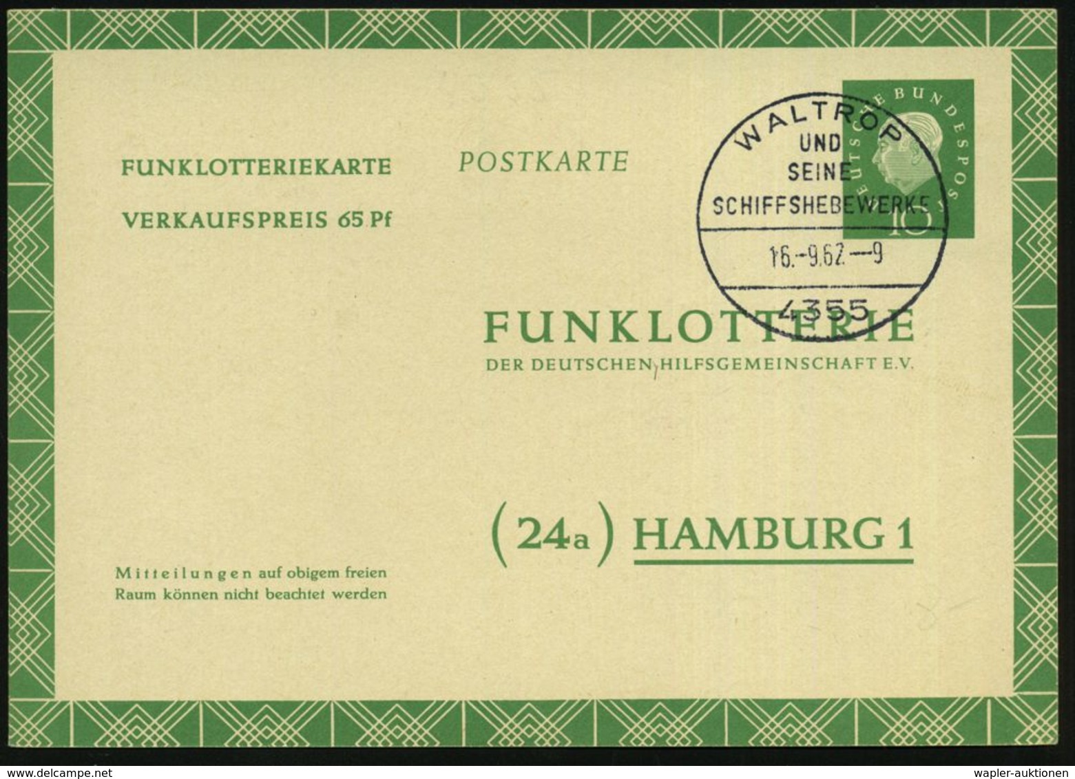 4355 WALTROP/ UND/ SEINE/ SCHIFFSHEBEWERKE 1962 (16.9.) HWSt Auf Funklotterie-P 10 Pf. Heuss III (Mi.FP 7) Seltene Verwe - Maritime