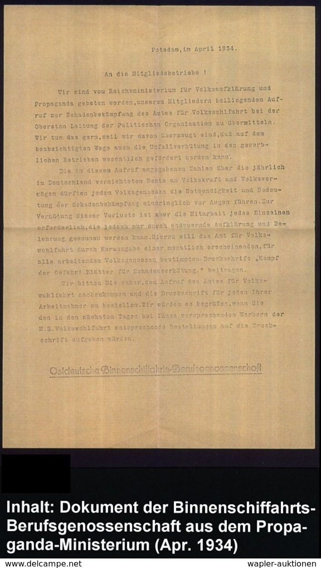 POTSDAM/ 1/ Helft Unfälle/ Verhüten!/ Ostdeutsche/ Binnenschiffahrts-/ Berufsgenossenschaft.. 1934 (27.4.) AFS + Inhalt  - Maritime