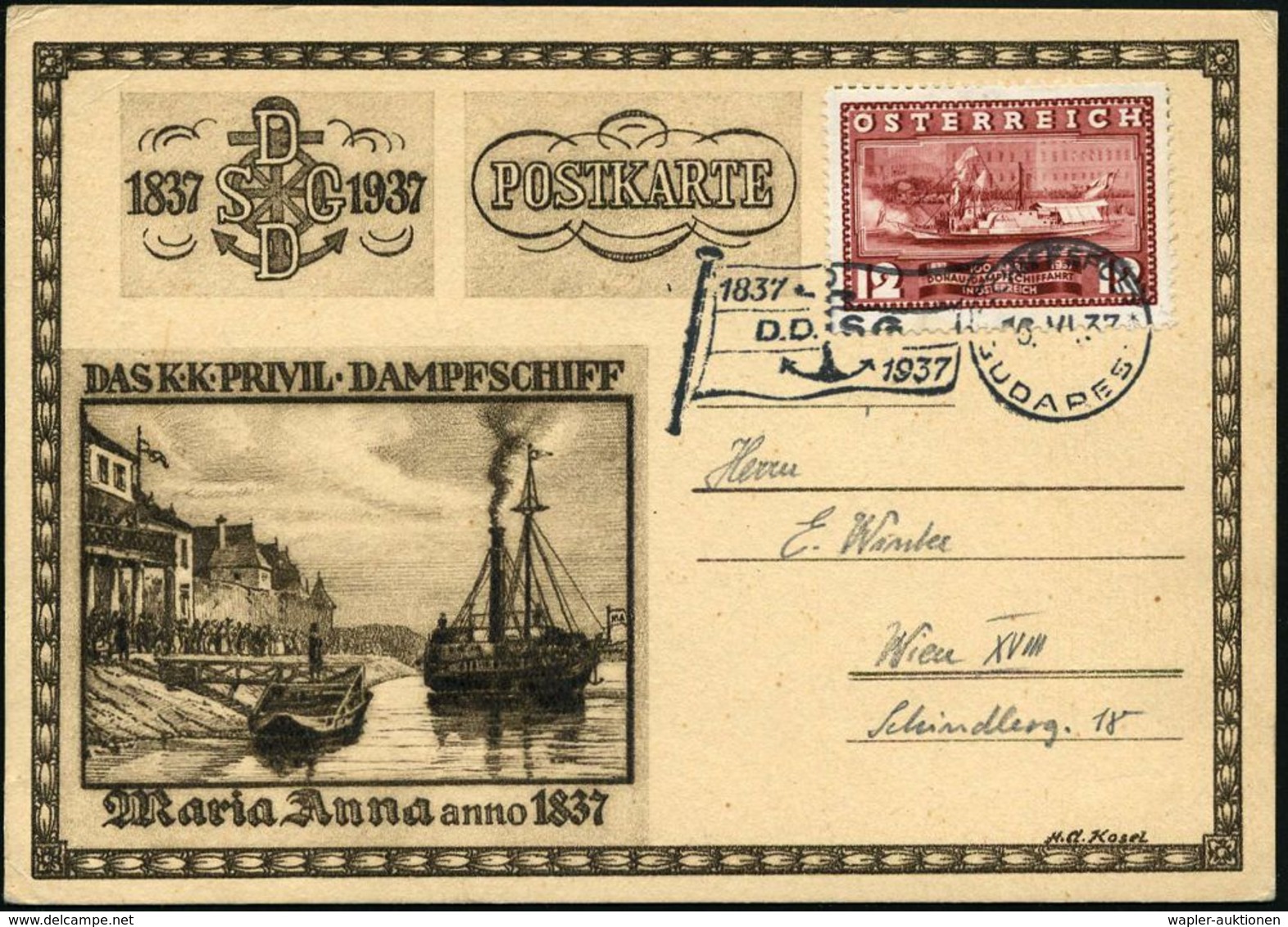 ÖSTERREICH 1937 (16.6.) Flaggen-BPA: SCHIFFSPOST/BUDAPEST/D.D.S.G. (Reederei-Flagge) A. EF 12 Gr. "100 Jahre D.D.S.G." A - Maritime
