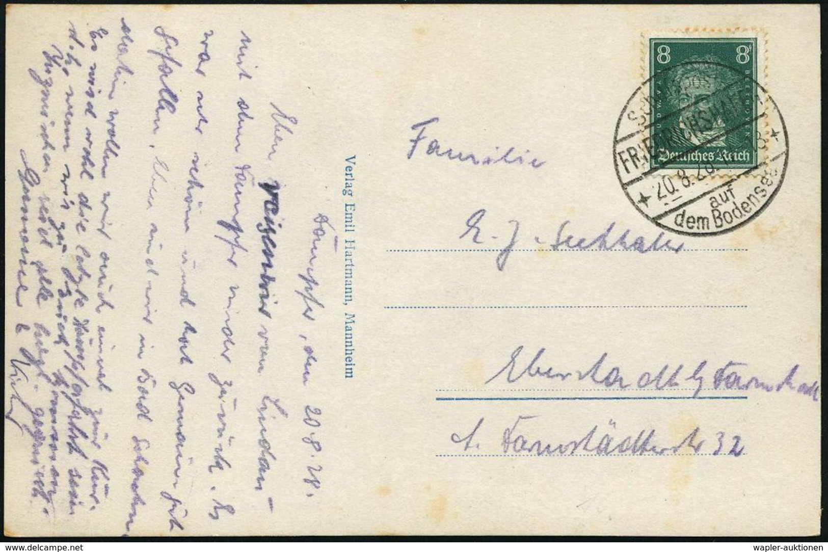 FRIEDRICHSHAFEN/ Schiffspost/ Auf/ Dem Bodensee 1928 (20.8.) 1K-Doppelbrücke = Landungsstempel (Nr.0-68) Klar A. EF 8 Pf - Maritime