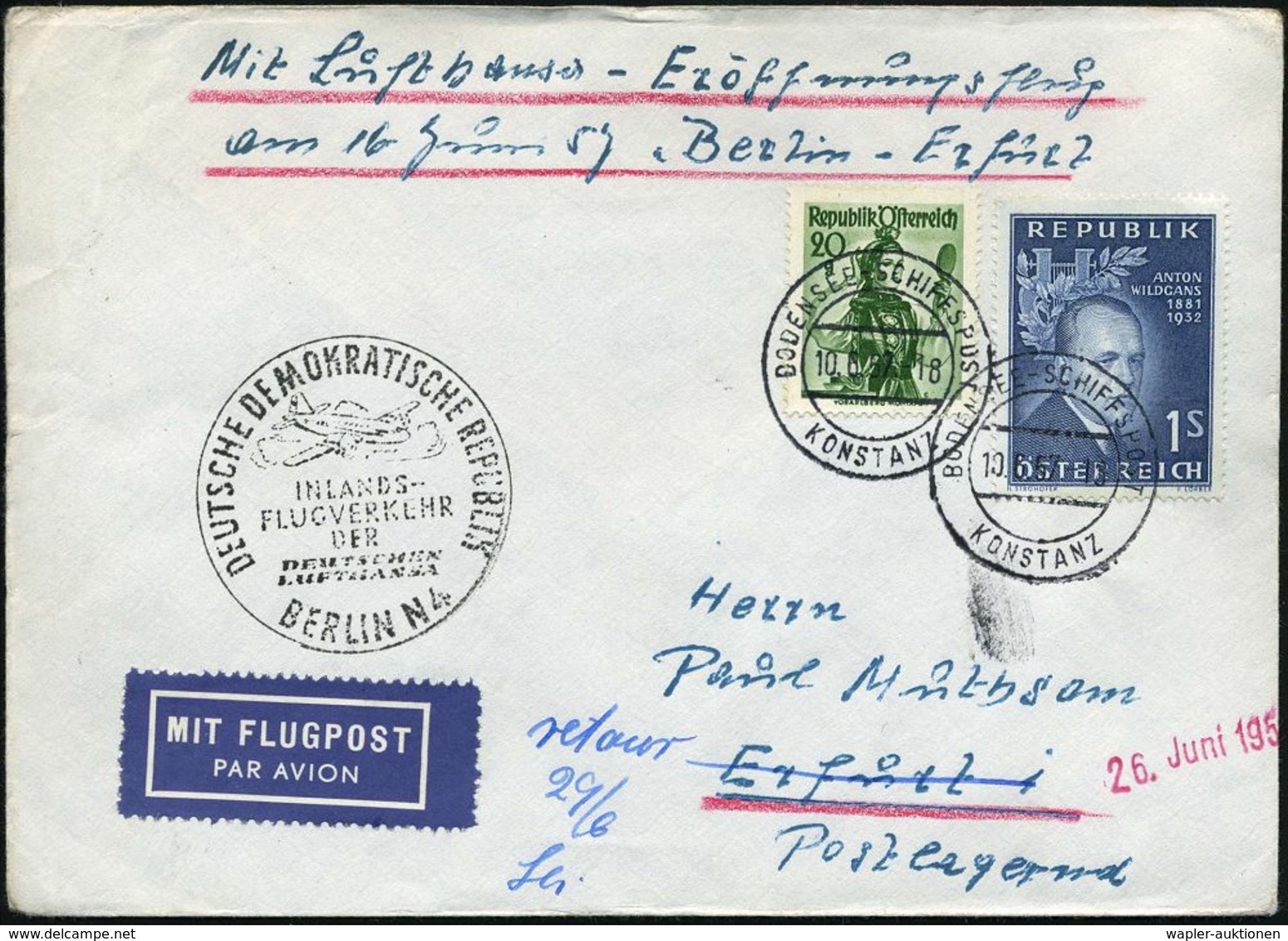 KONSTANZ/ BODENSEE-SCHIFFSPOST 1957 (10.6.) 2K (Nr.u-05) 2x Auf Österreich 20g U. 1 S. + 1K-HdN: DDR/ INLANDS-/FLUGVERKE - Maritime