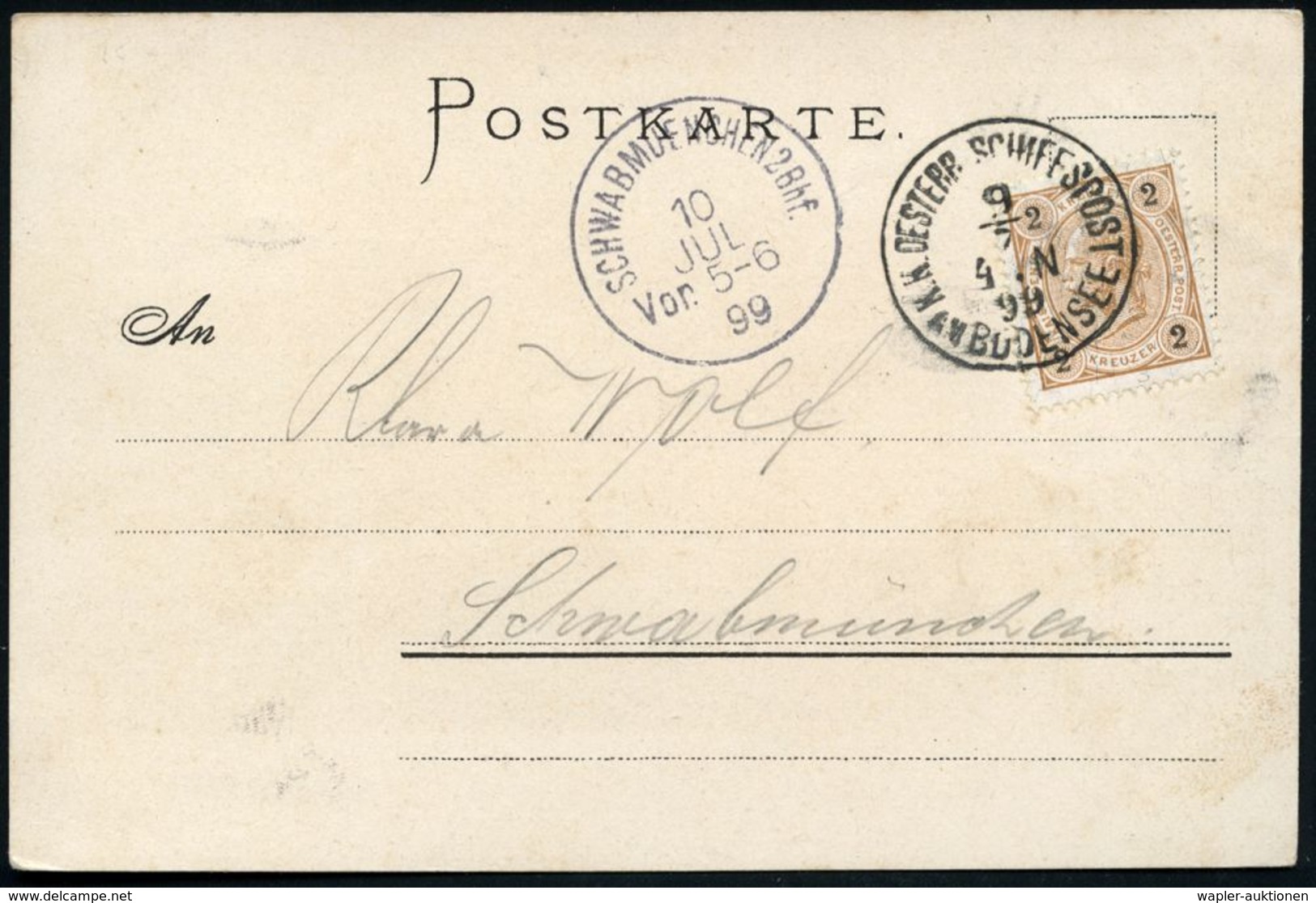 ÖSTERREICH 1899 (9.7.) 1K-BPA: K. K. OESTERR. SCHIFFSPOST/AM BODENSEE Auf EF 2 Kr. KFJ Medaillon, Color-Litho-Ak.: GRUSS - Maritime