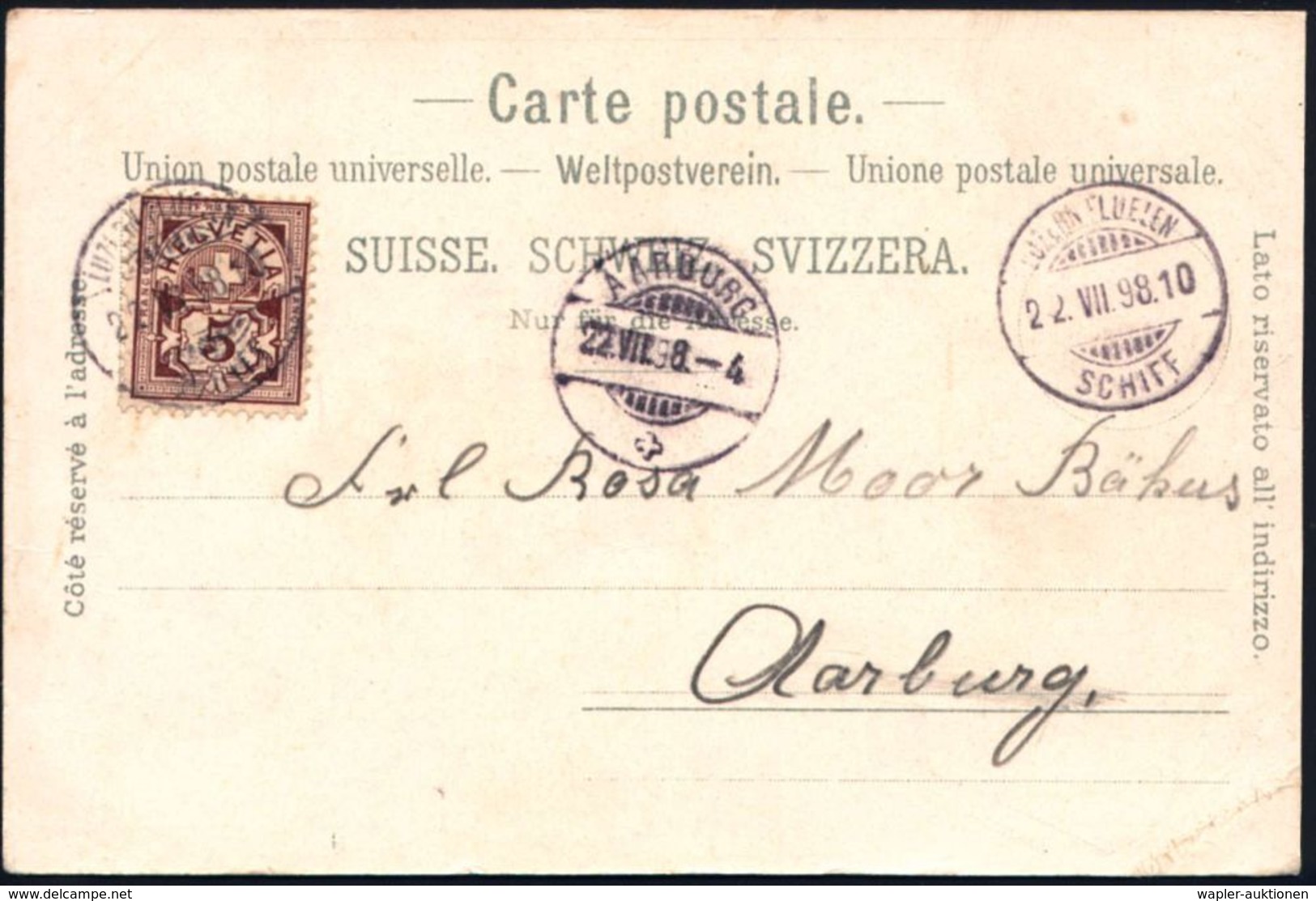 SCHWEIZ 1898 (22.7.) 1K-Gitter: LUZERN - FLÜELEN/10/SCHIFF = Kurs 10 2x Sauber A. EF 5 C. Ziffe, Monochrome Litho-Ak.: G - Marítimo