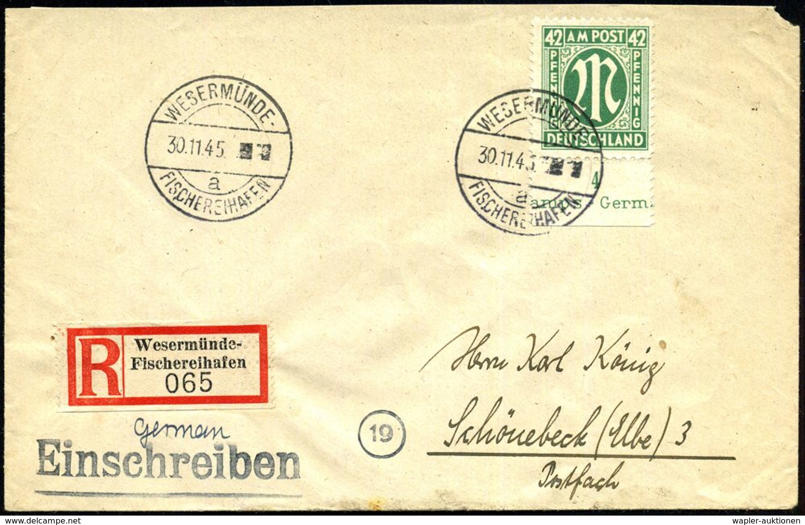 WESERMÜNDE/ A/  F I S C H E R E I H A F E N 1945 (30.11.) Später 1K-Steg, Uhrzeit Geblockt Auf EF 42 Pf. AM-Post + Sonde - Maritime